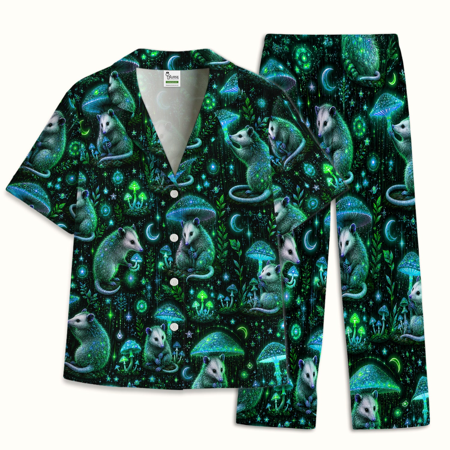 Moonlit Opossum Mushroom Pattern Pajama Set, Soft Breathable Fabric Comfortable Sleepwear