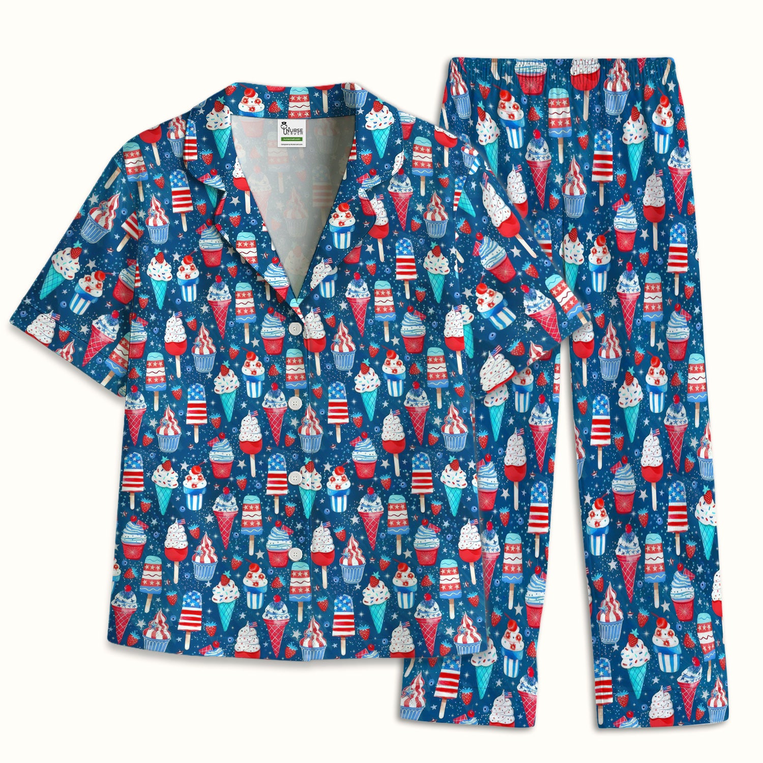 Cute Patriotic Ice Cream Popsicles With USA Flag Dessert Pajama Set, Soft Breathable Fabric Comfortable Sleepwear