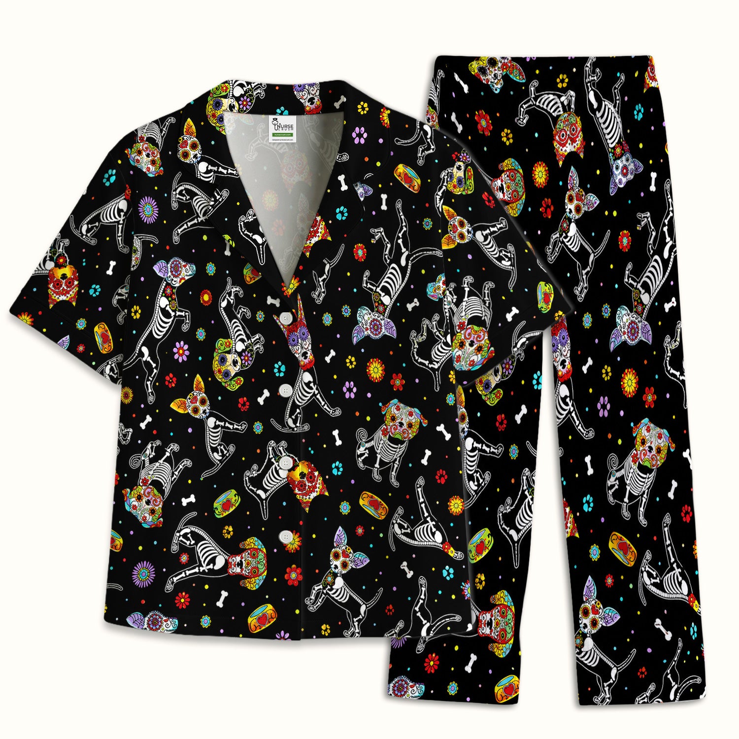Colorful Day Of The Dead Dogs Pajama Set, Soft Breathable Fabric Comfortable Sleepwear