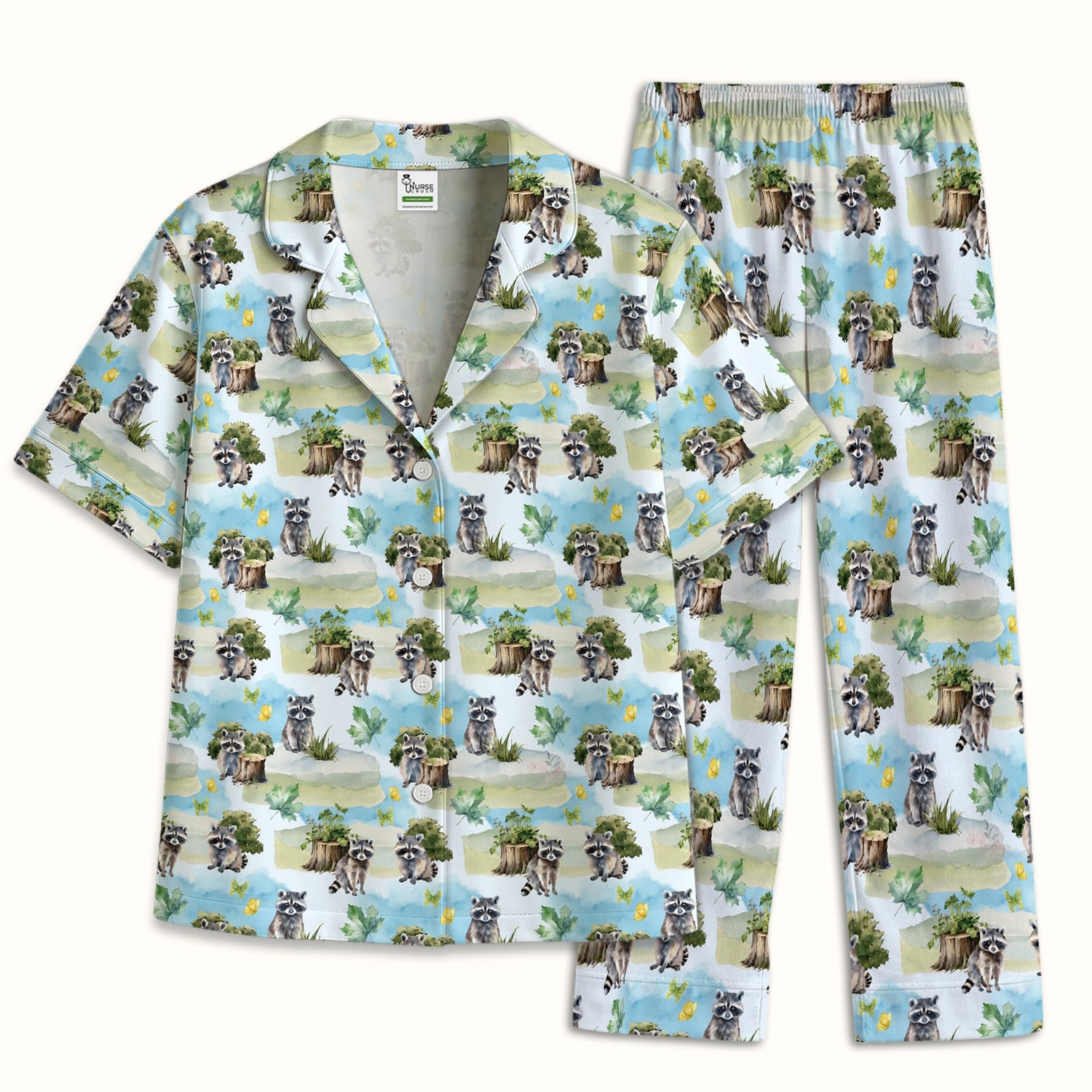Cute Raccoon Woodland Print Pajama Set, Soft Breathable Fabric Comfortable Sleepwear