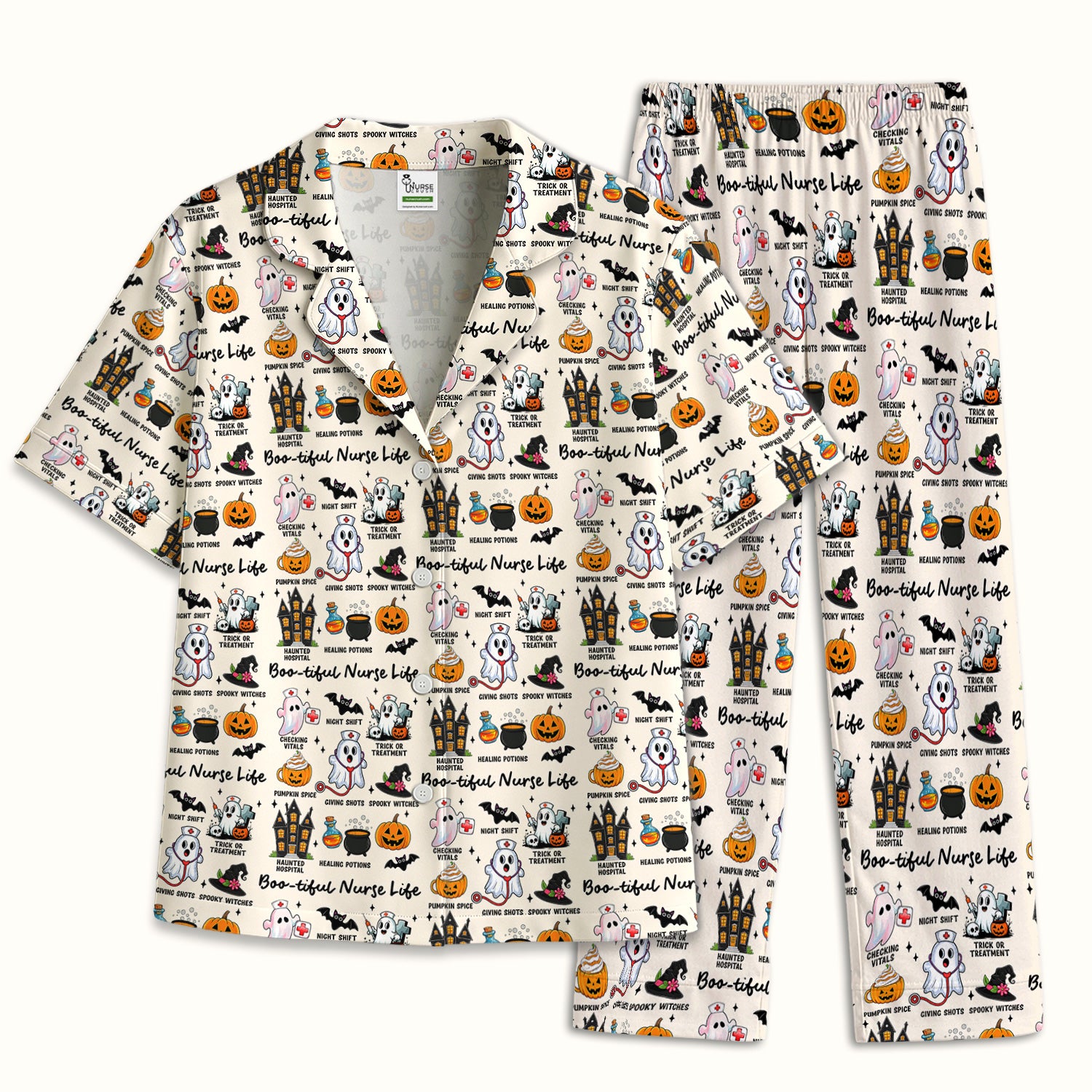 Spooky Halloween Boo-tiful Nurse Life Pajama Set, Soft Breathable Fabric Comfortable Sleepwear