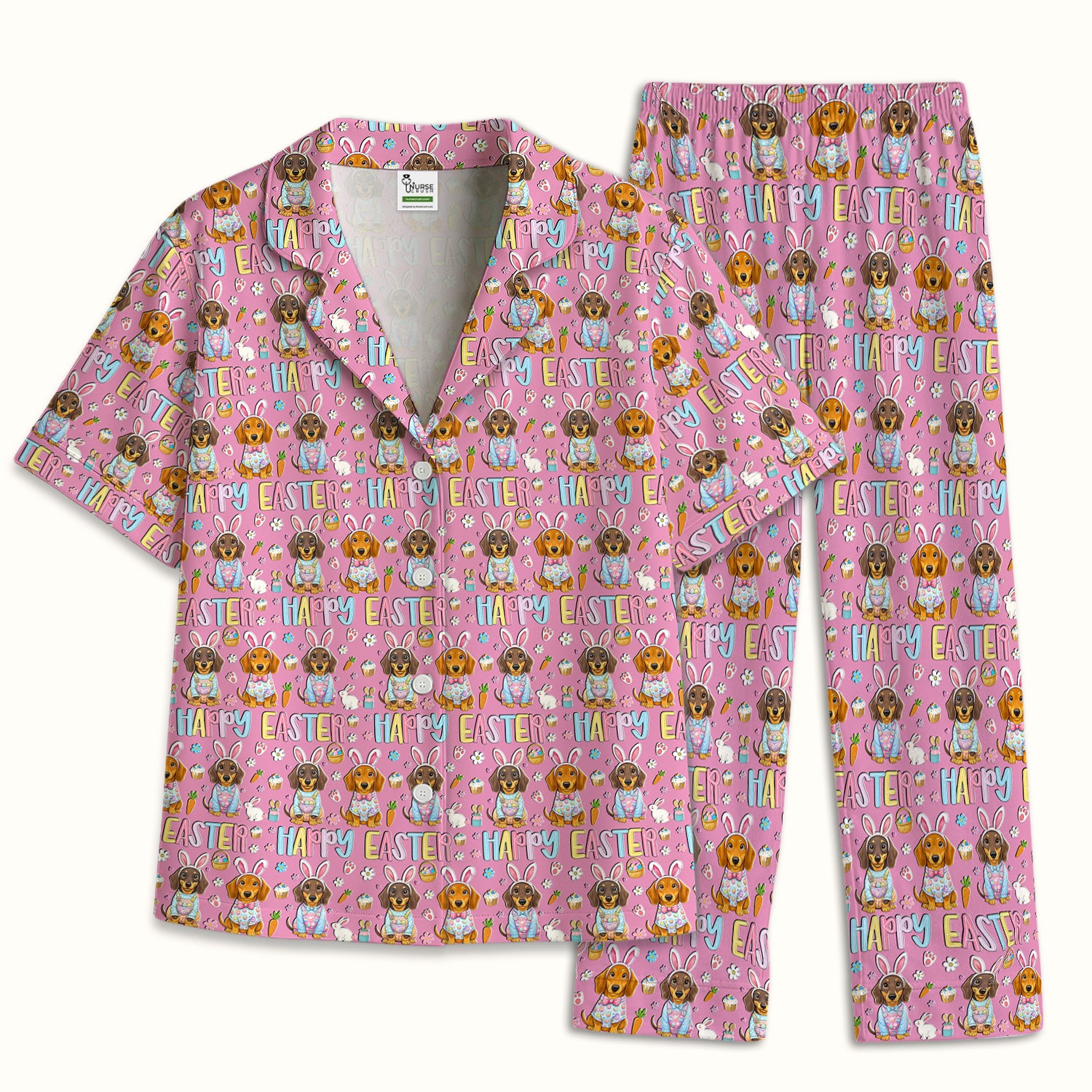 Happy Easter Dachshund Bunny Print Pajama Set, Breathable Fabrics Uniform