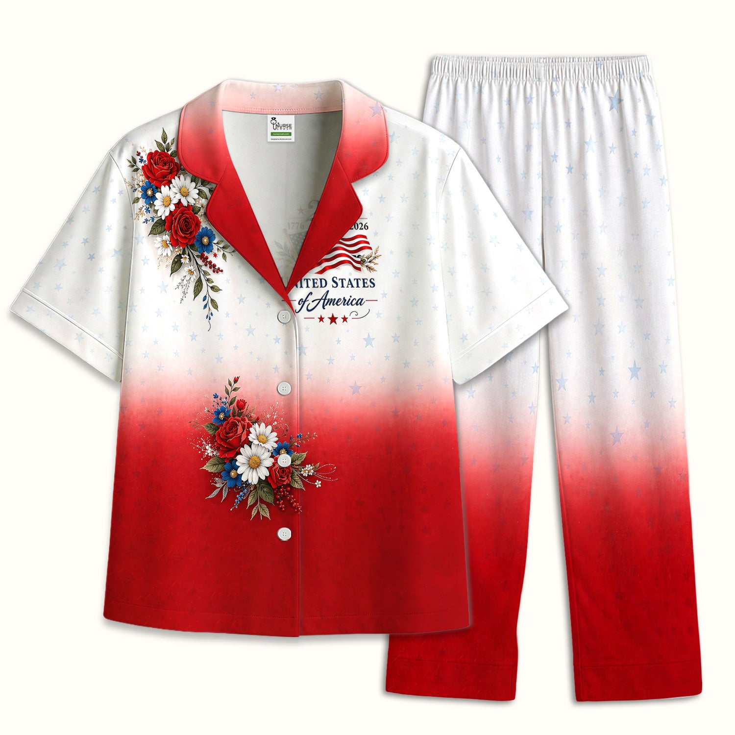 Patriotic 250th Flag Floral Pattern Pajama Set, Soft Breathable Fabric Comfortable Sleepwear