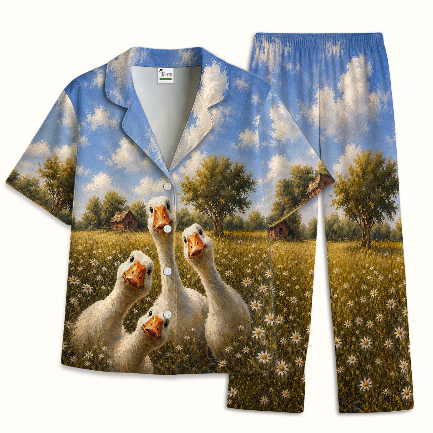 Cute Farmhouse Goose Meadow Pattern Pajama Set, Soft Breathable Fabric Comfortable Sleepwear