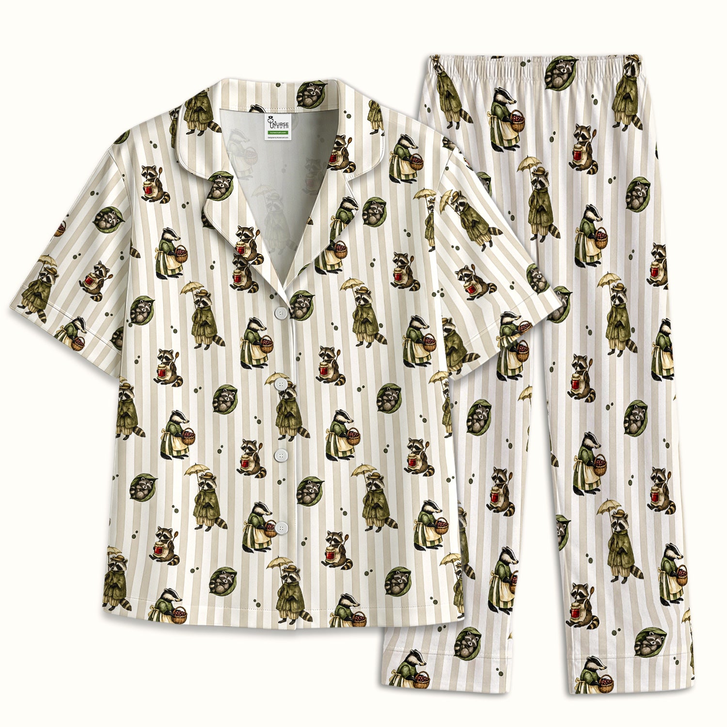 Cute Woodland Raccoon Print Pajama Set, Soft Breathable Fabric Comfortable Sleepwear