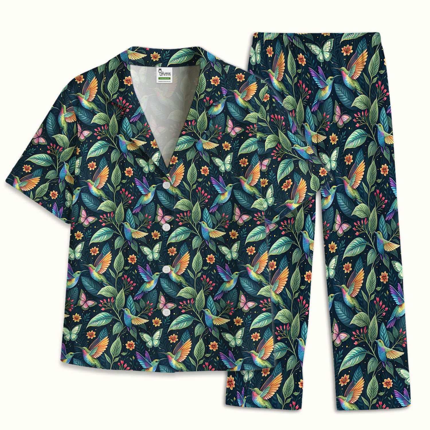 Vibrant Hummingbird Garden Nurse for RN, CNA, Botanical Medical Pajama Set, Soft Breathable Fabric Comfortable Sleepwear