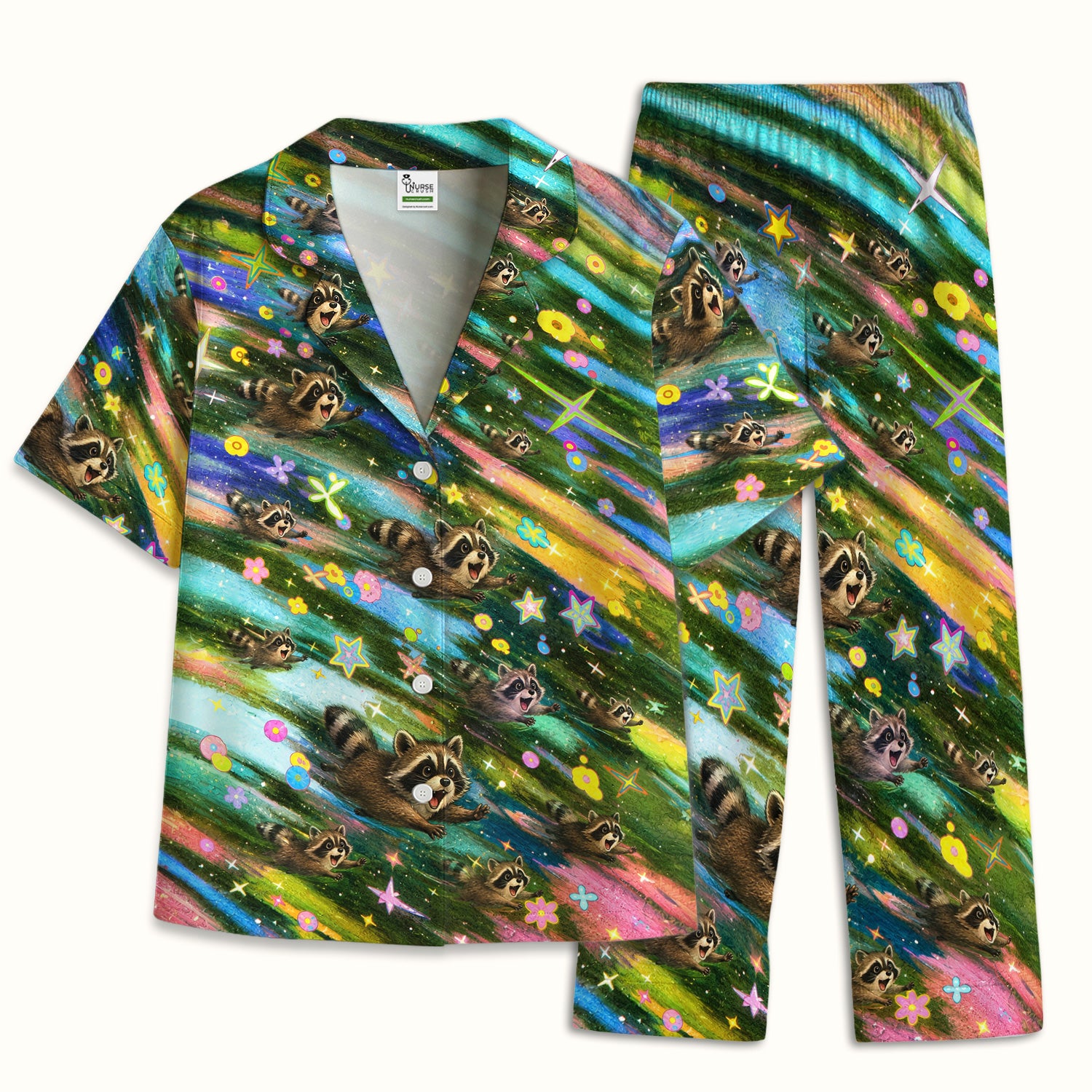 Cute Raccoon Rainbow Dash Pattern Pajama Set, Soft Breathable Fabric Comfortable Sleepwear