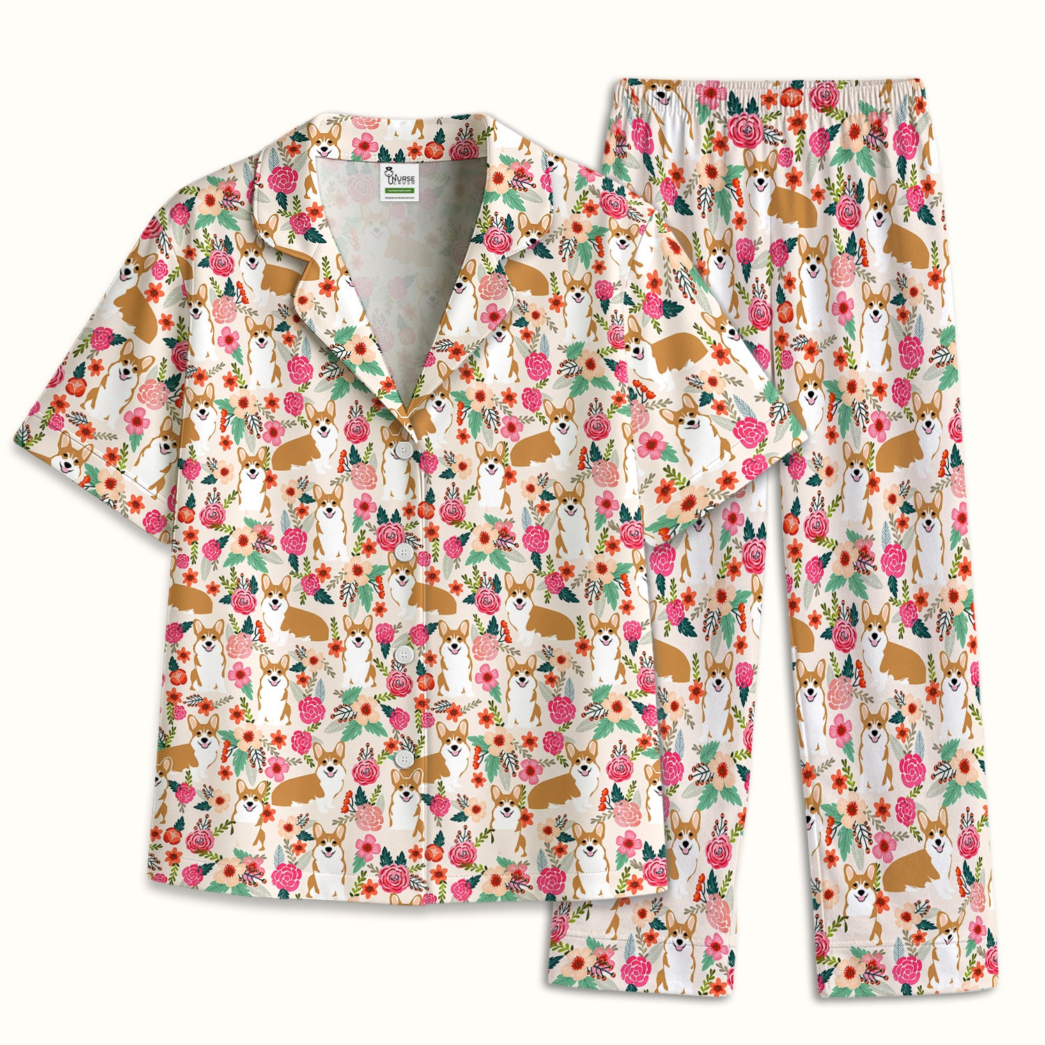 Cute Corgi Dog Floral Garden Pattern Nurse Pajama Set, Soft Breathable Fabric Comfortable Sleepwear