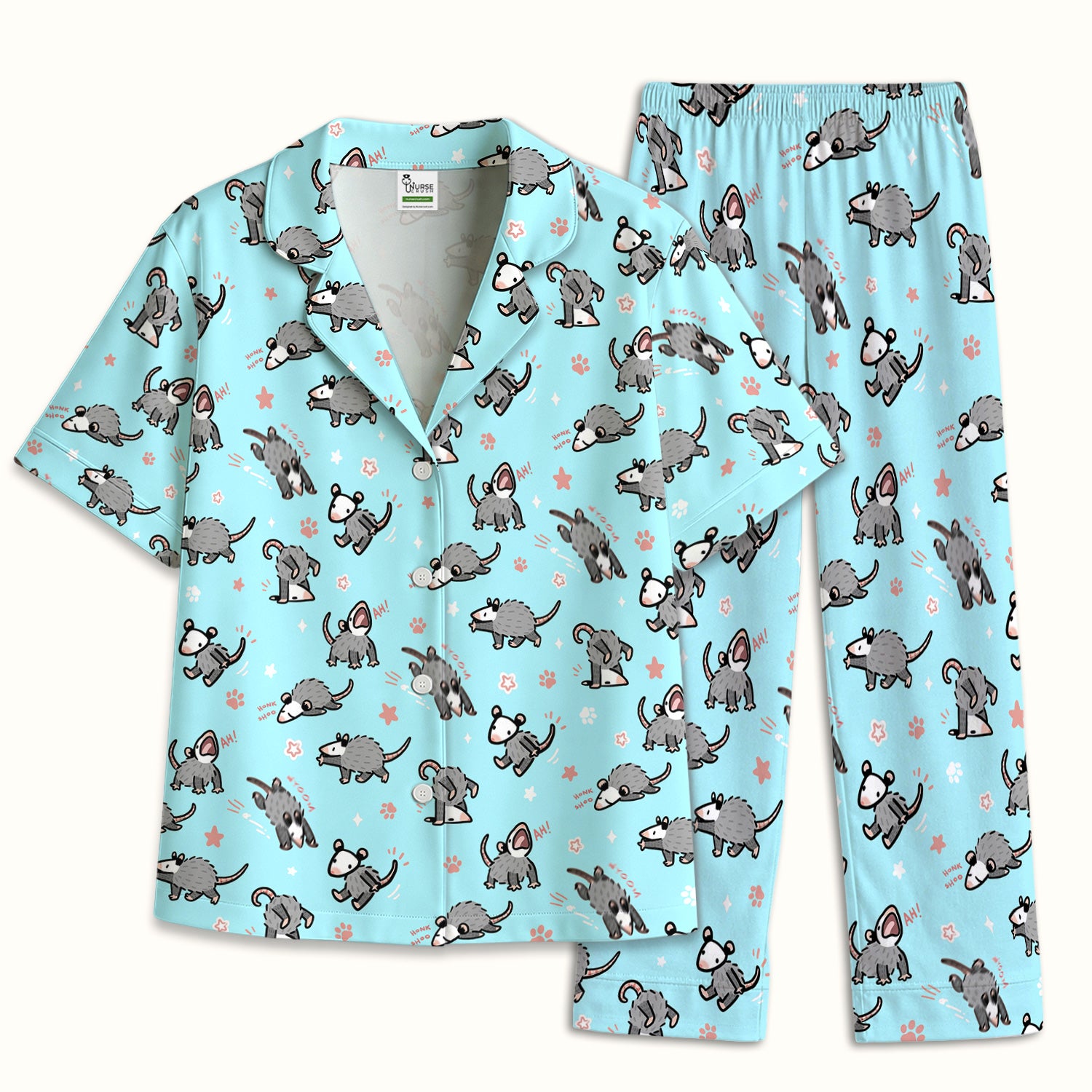 Playful Cartoon Opossum Character Pattern Pajama Set, Breathable Fabrics Uniform