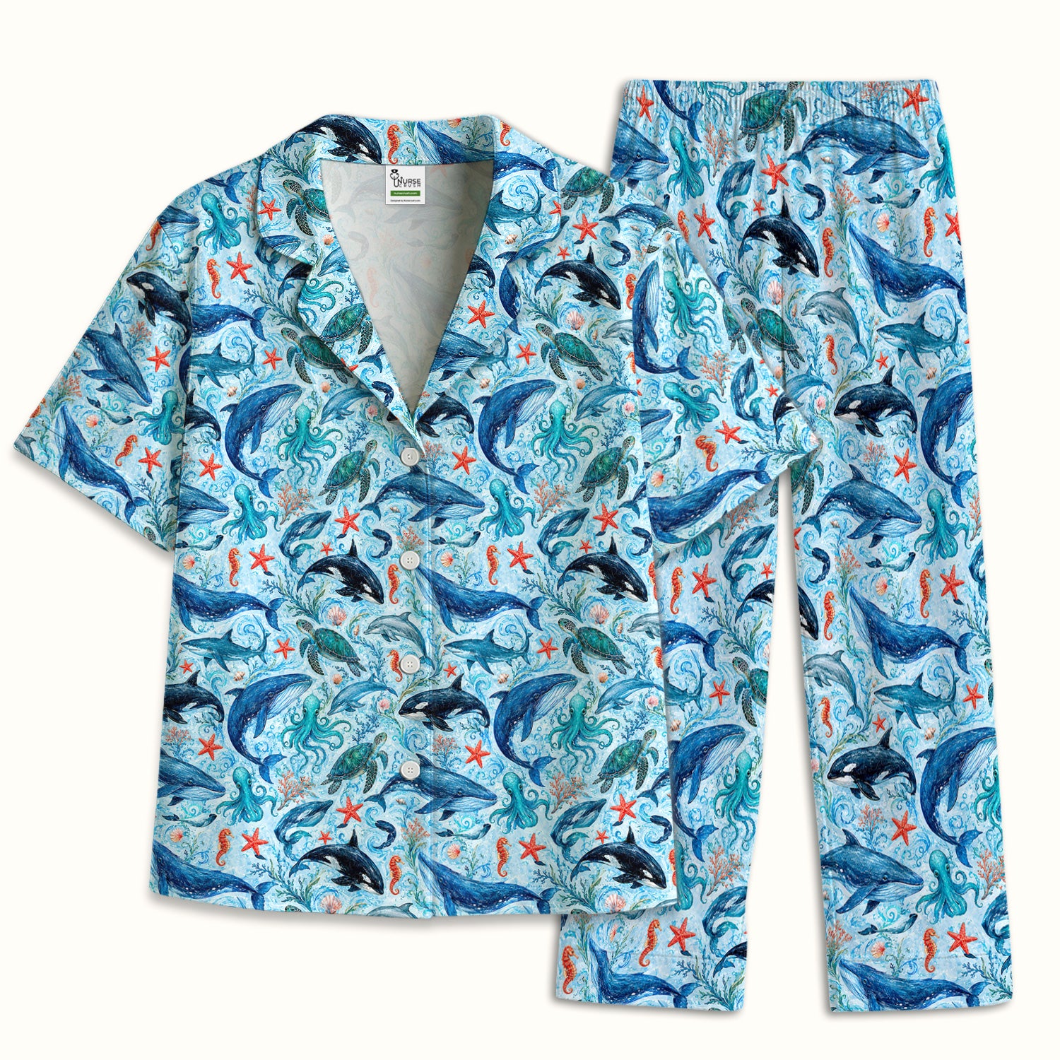 Watercolor Ocean Wildlife Scene Pattern Pajama Set, Soft Breathable Fabric Comfortable Sleepwear