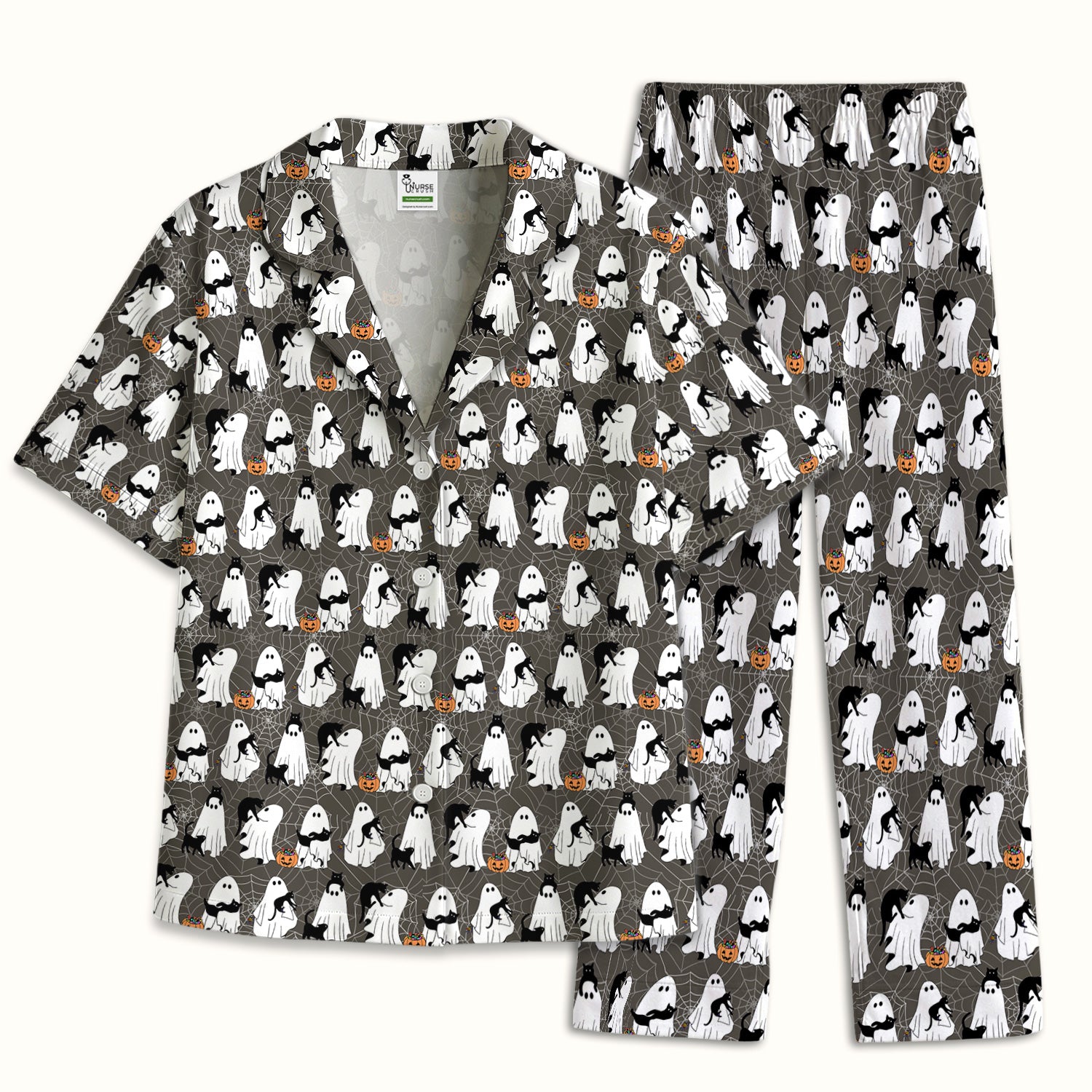 Black Cat and Ghost Print Pajama Set, Soft Breathable Fabric Comfortable Sleepwear