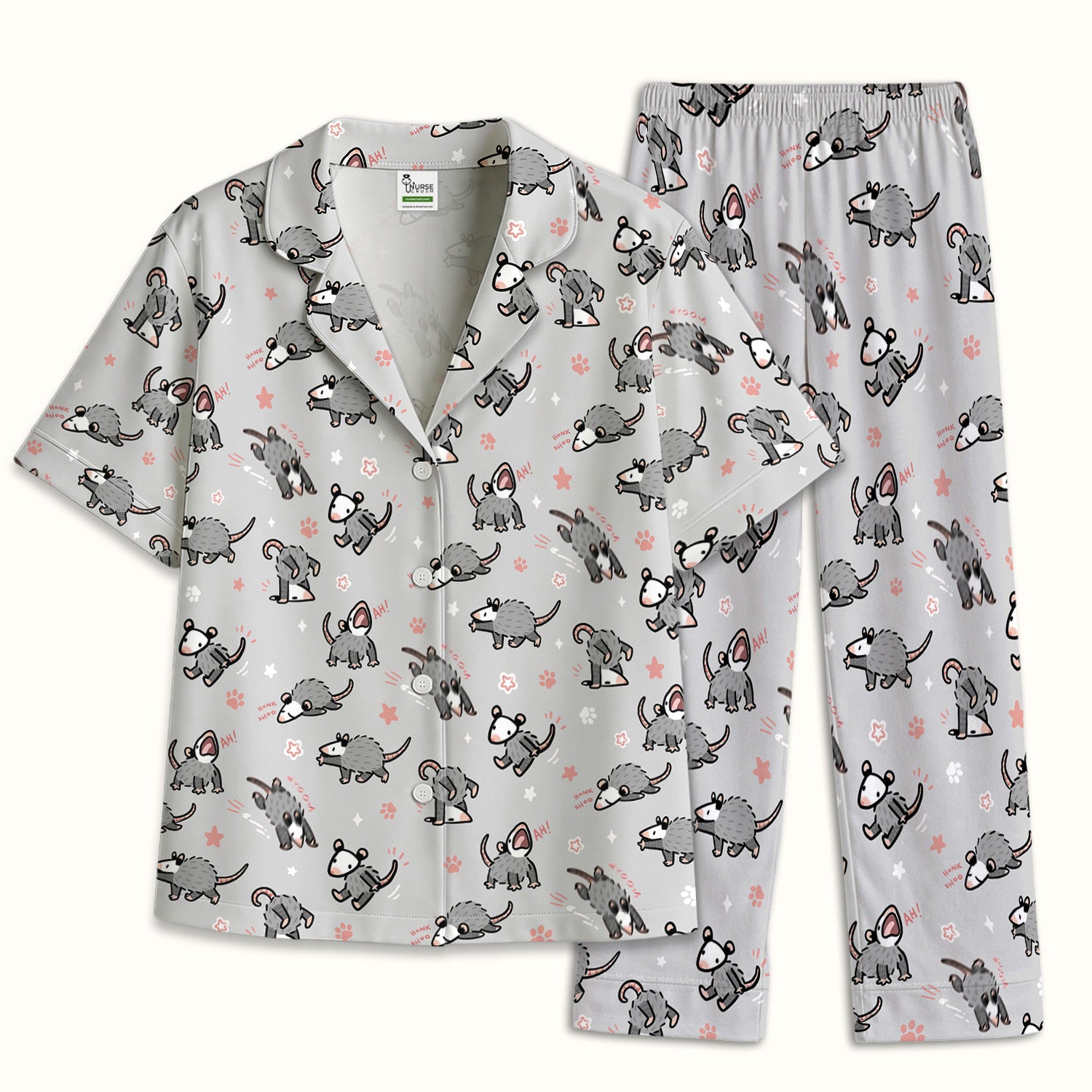 Playful Cartoon Opossum Character Pattern Pajama Set, Breathable Fabrics Uniform