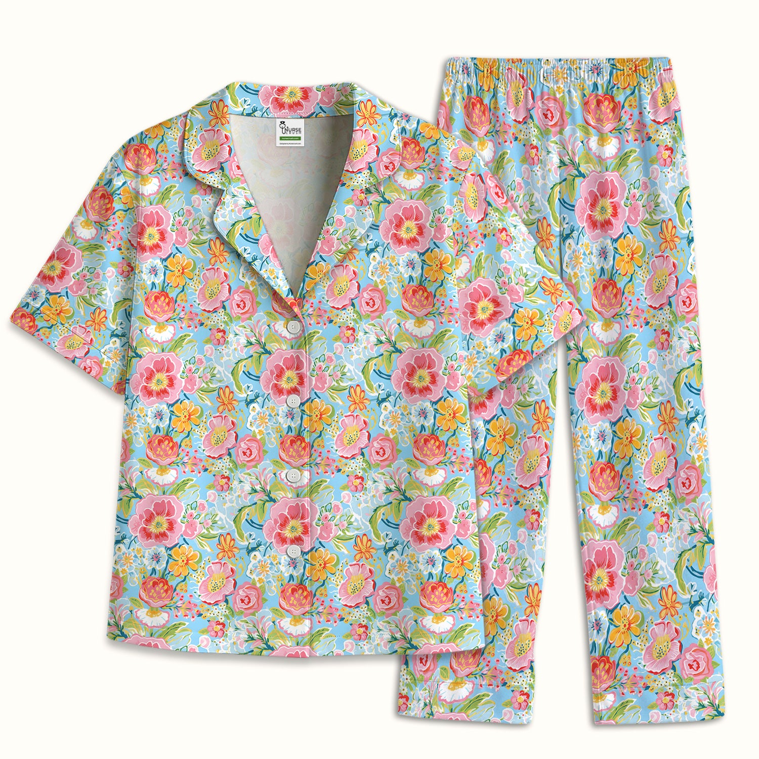 Pastel Tropical Floral Garden Pattern Pajama Set, Soft Breathable Fabric Comfortable Sleepwear
