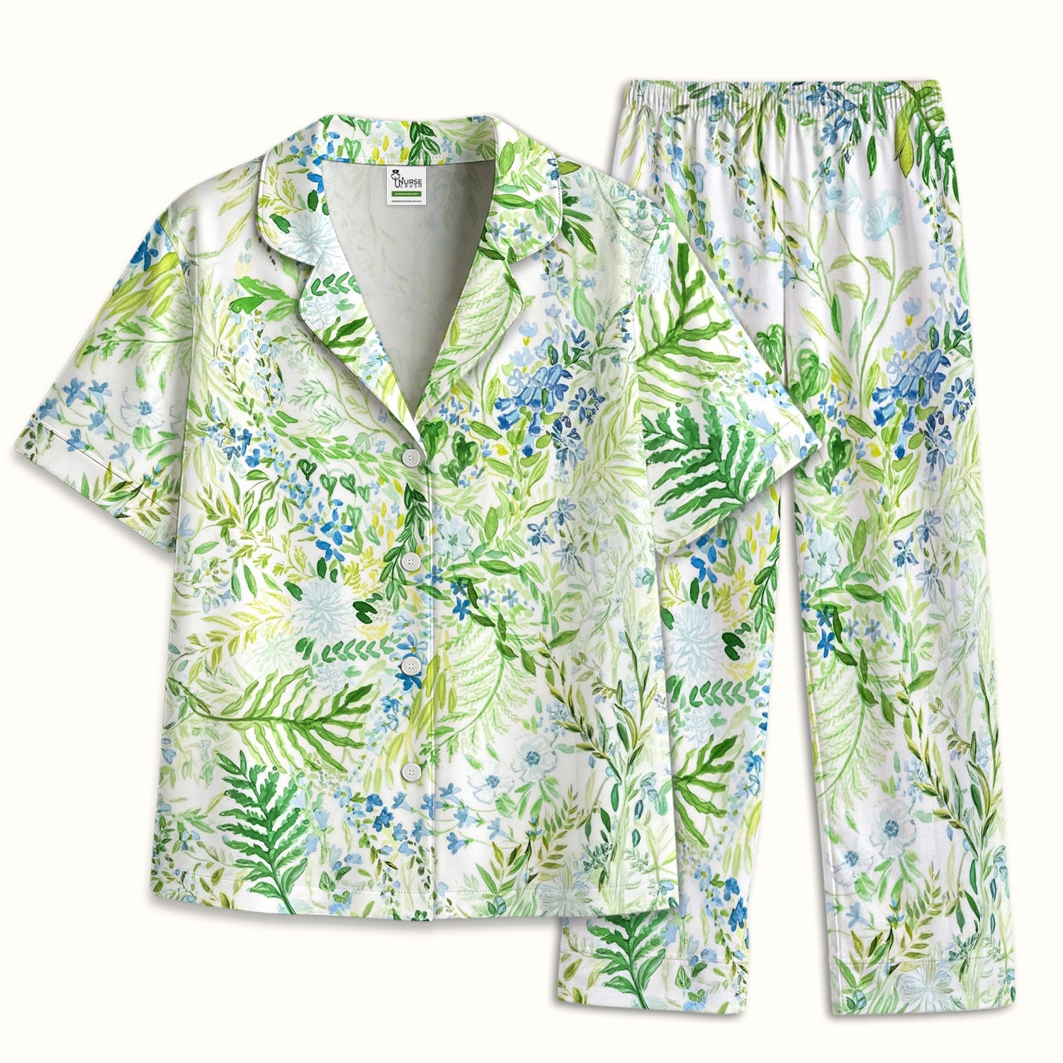 Green Botanical Floral Pattern Pajama Set, Breathable Fabrics Uniform