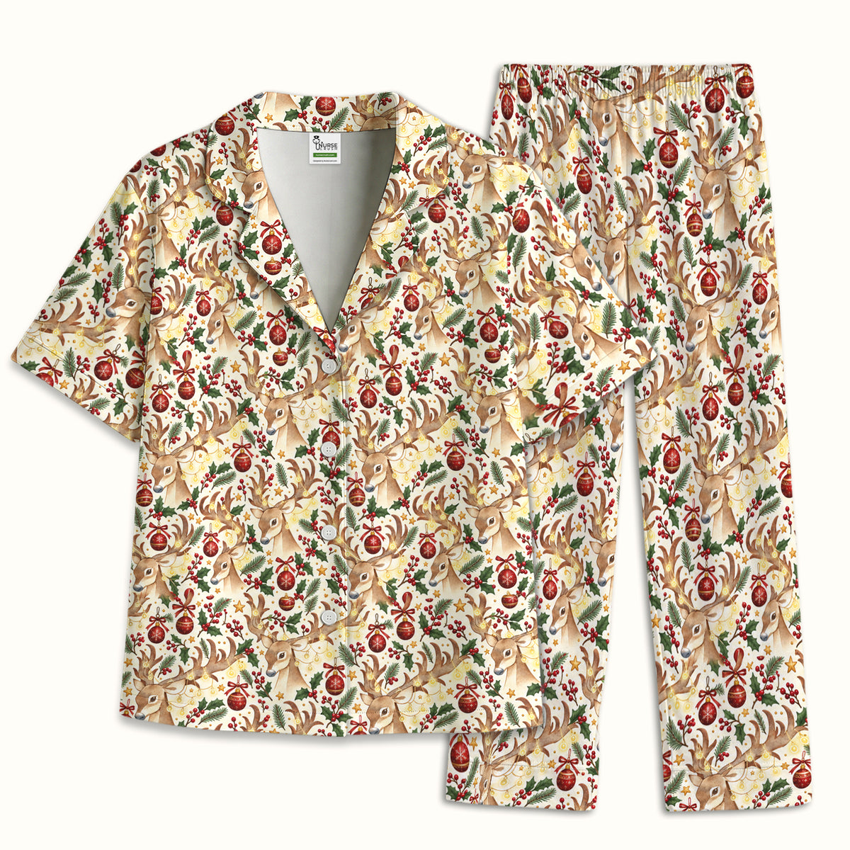 Christmas Reindeer And Holly Pajama Set, Soft Breathable Fabric Comfortable Sleepwear
