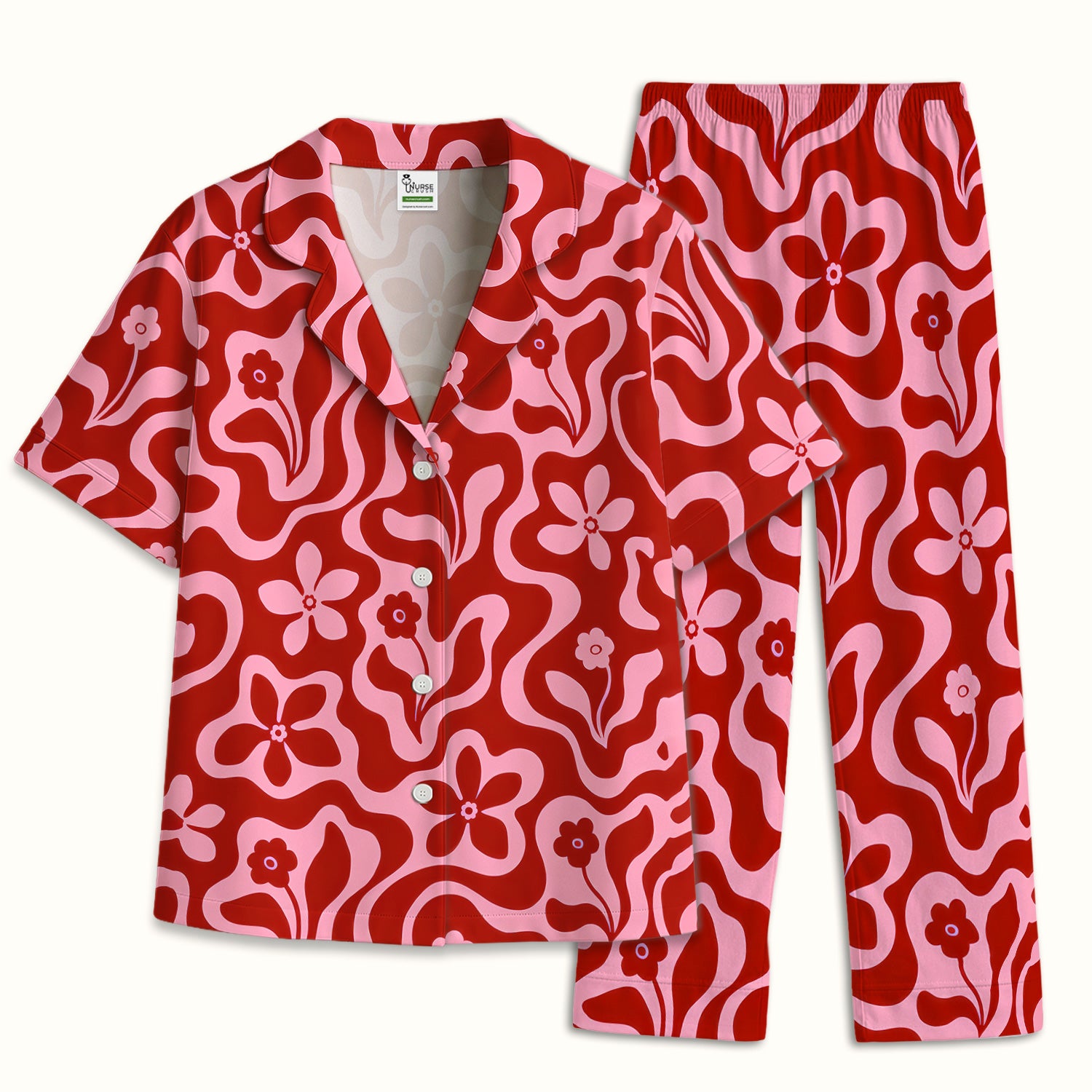 Retro Pink Floral Pattern, Groovy Medical Pajama Set, Soft Breathable Fabric Comfortable Sleepwear