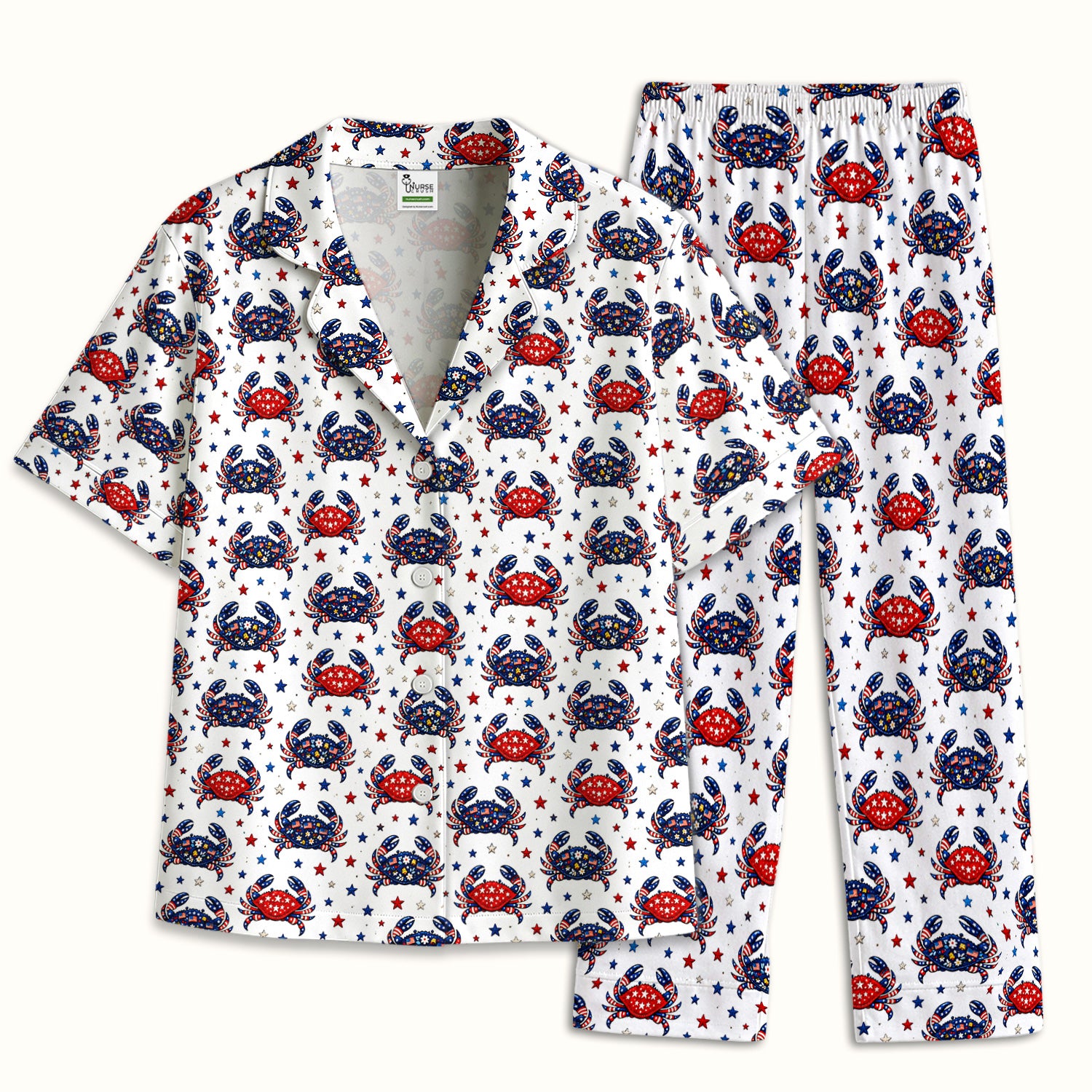 Patriotic Crab Stars Pattern Pajama Set, Soft Breathable Fabric Comfortable Sleepwear