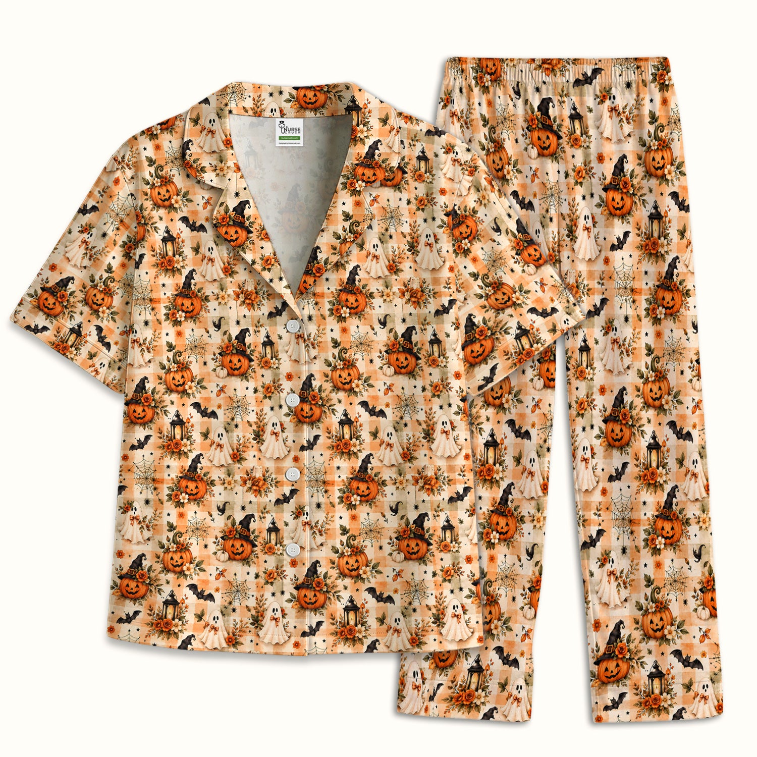Vintage Halloween Pumpkin And Ghost Pajama Set, Soft Breathable Fabric Comfortable Sleepwear