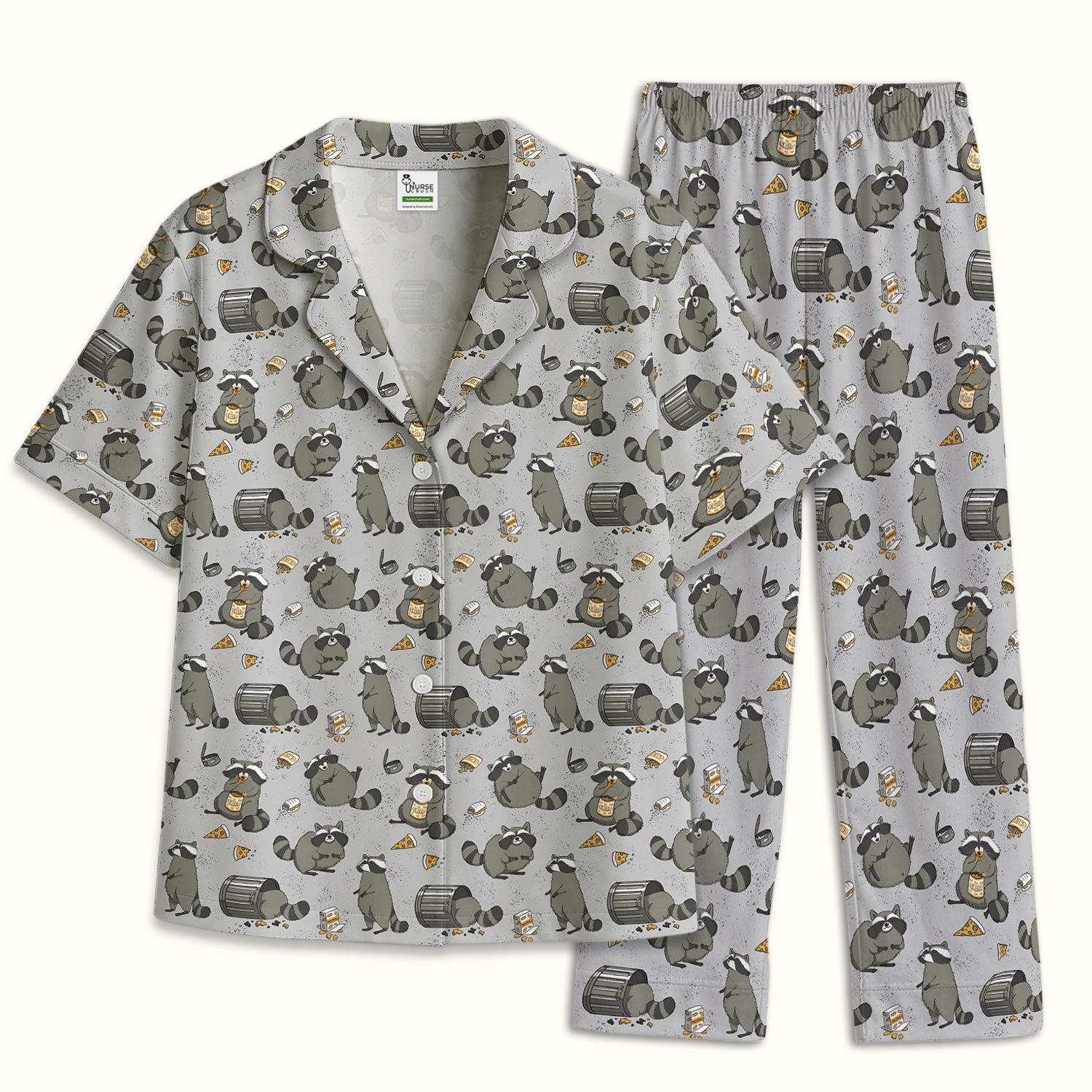 Raccoon Snack And Trash Can Pattern Pajama Set, Breathable Fabrics Uniform