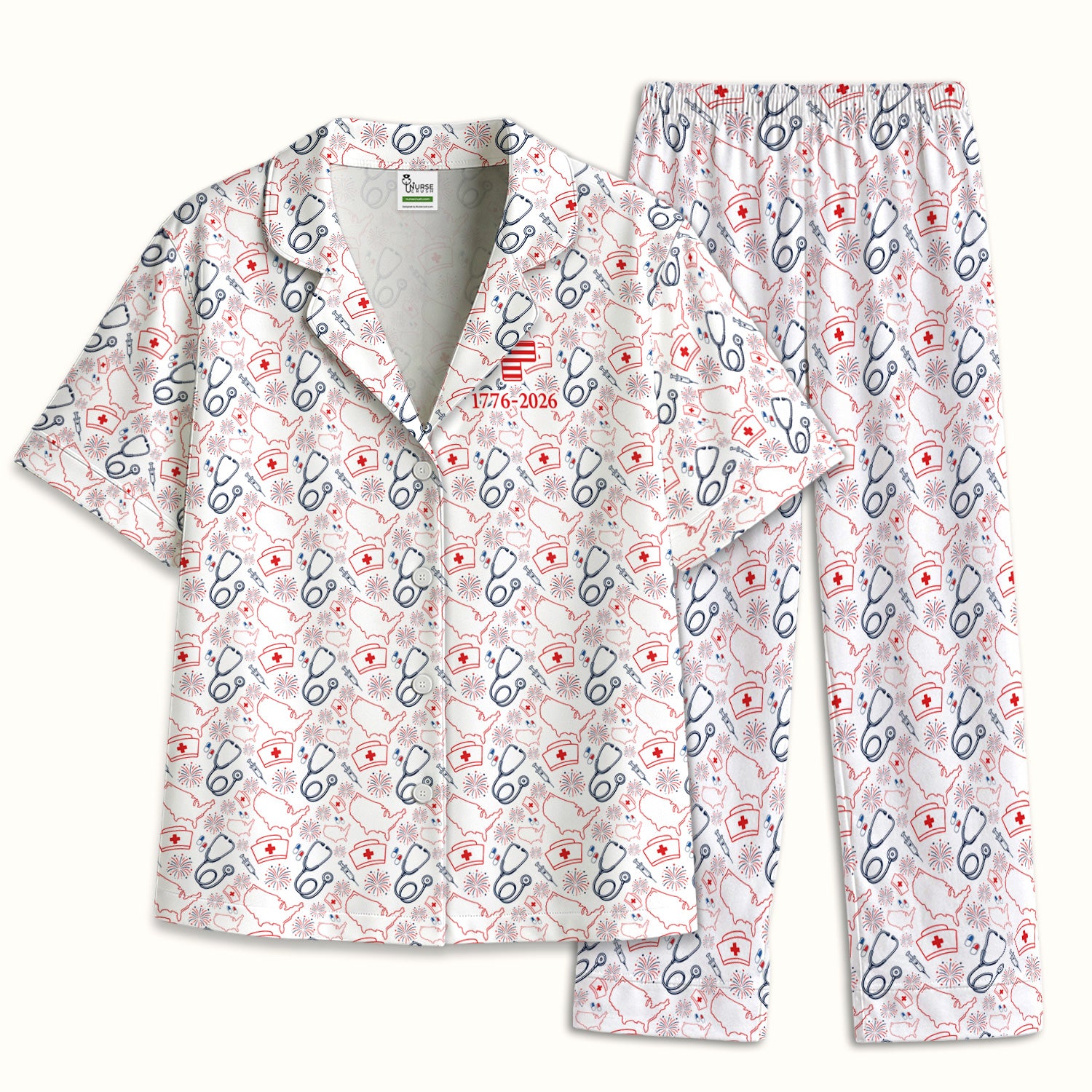 Patriotic Nurse Stethoscope Flag Pattern Pajama Set, Soft Breathable Fabric Comfortable Sleepwear