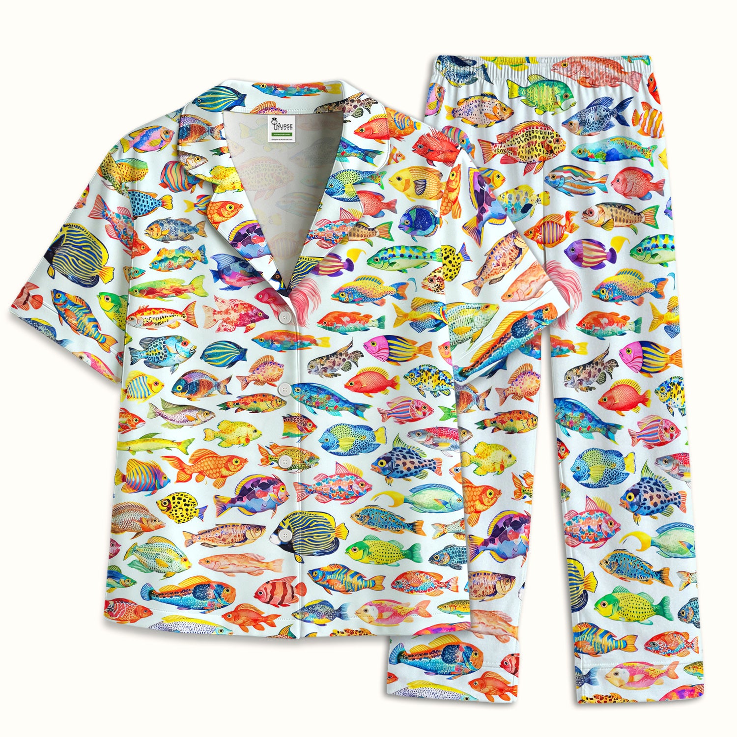 Colorful Tropical Fish Pattern Pajama Set, Soft Breathable Fabric Comfortable Sleepwear
