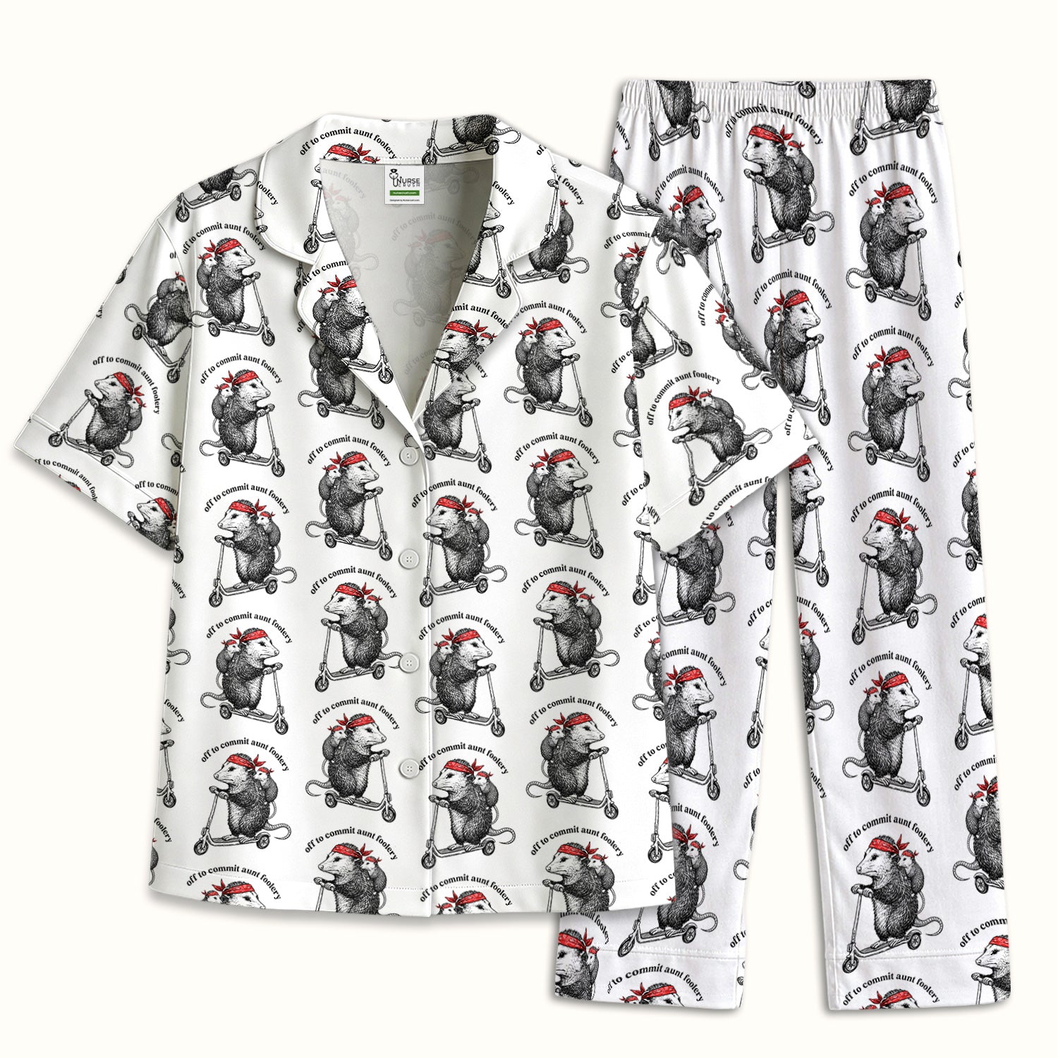 Aunt Foolery Opossum Pattern Pajama Set, Soft Breathable Fabric Comfortable Sleepwear