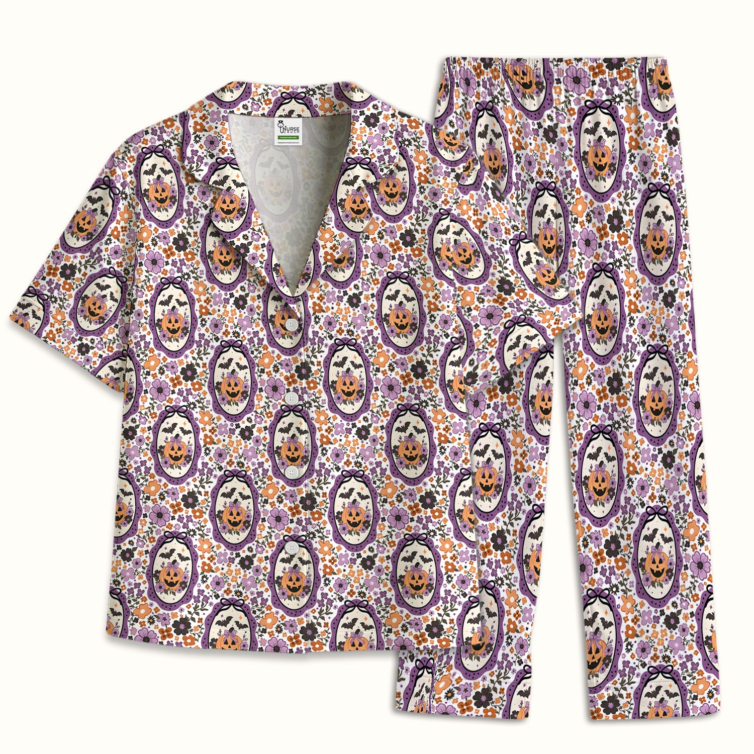 Halloween Pumpkin with Floral Print Pajama Set, Soft Breathable Fabric Comfortable Sleepwear