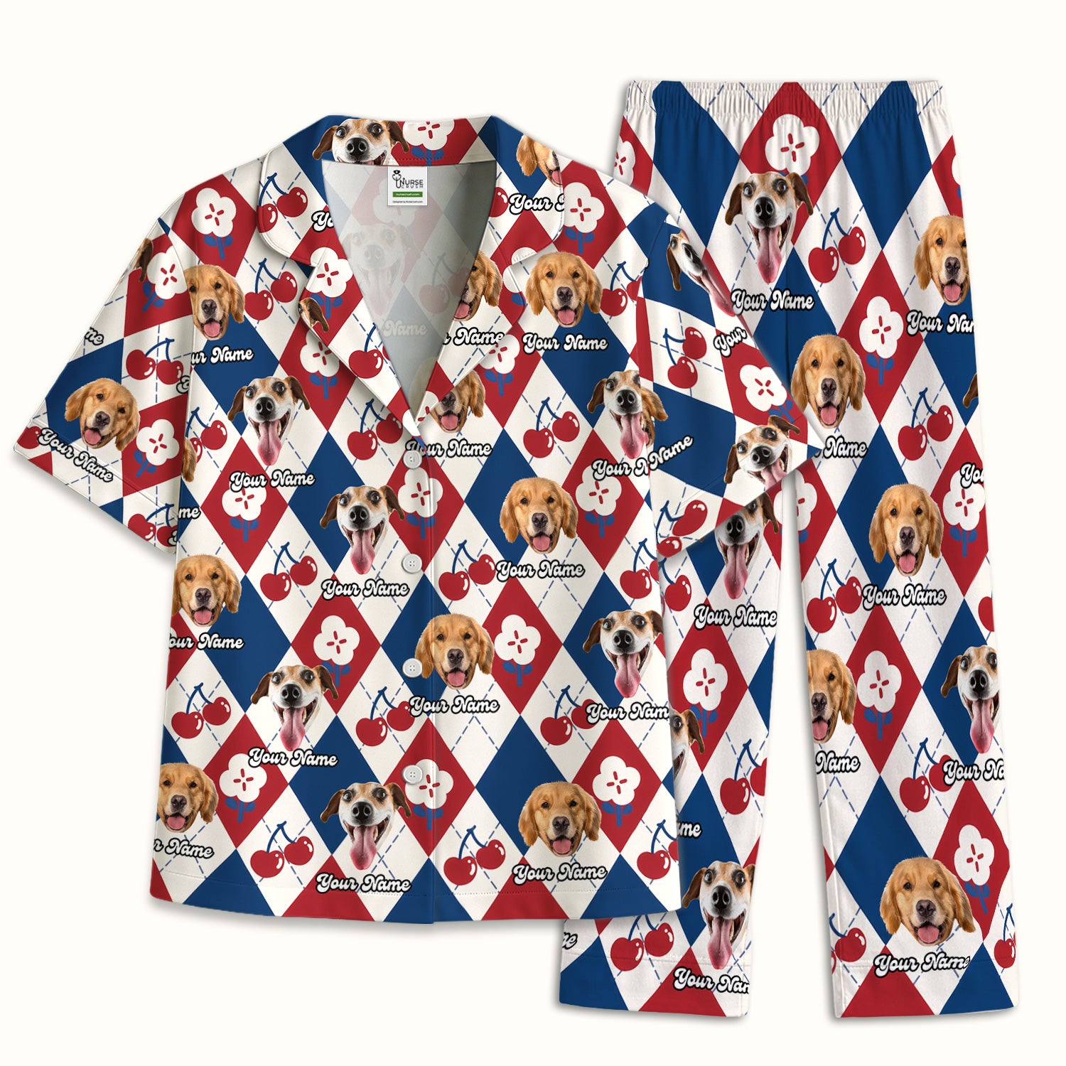 Custom Dog Face Pajama Set, Playful Dog Cherry Argyle Pattern, Soft Breathable Fabric Comfortable Sleepwear