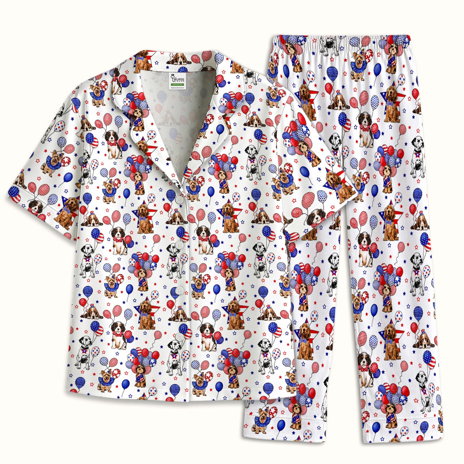 Patriotic Dogs With USA Flag Balloons Pattern Pajama Set, Soft Breathable Fabric Comfortable Sleepwear