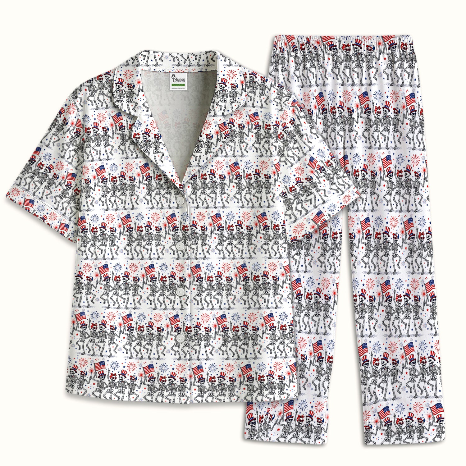 Funny Patriotic Skeleton Pattern, July 4 Medical Pajama Set, Soft Breathable Fabric Comfortable Sleepwear
