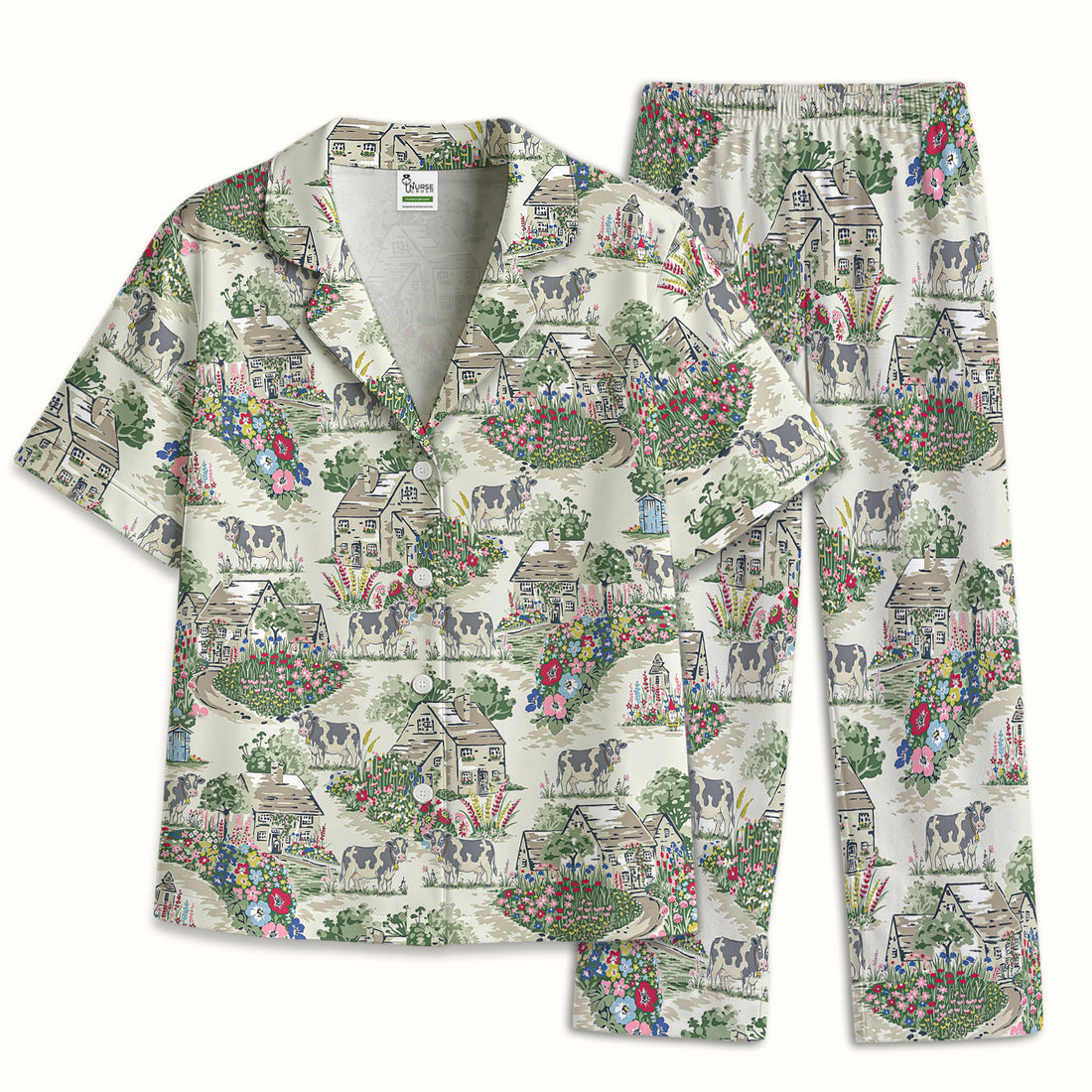 Charming Countryside Cows Cottage Garden Pattern Pajama Set, Soft Breathable Fabric Comfortable Sleepwear