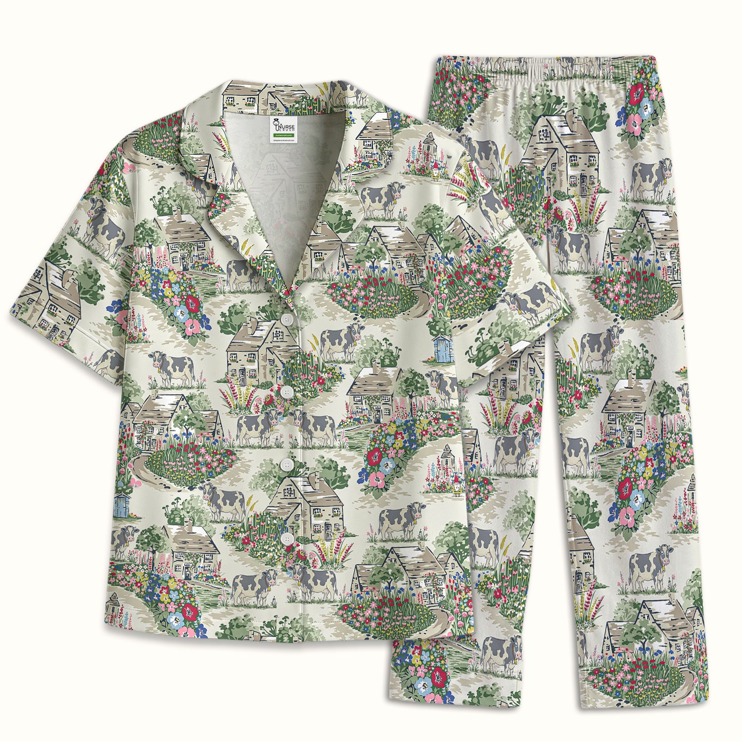 Charming Countryside Cows Cottage Garden Pattern Pajama Set, Soft Breathable Fabric Comfortable Sleepwear