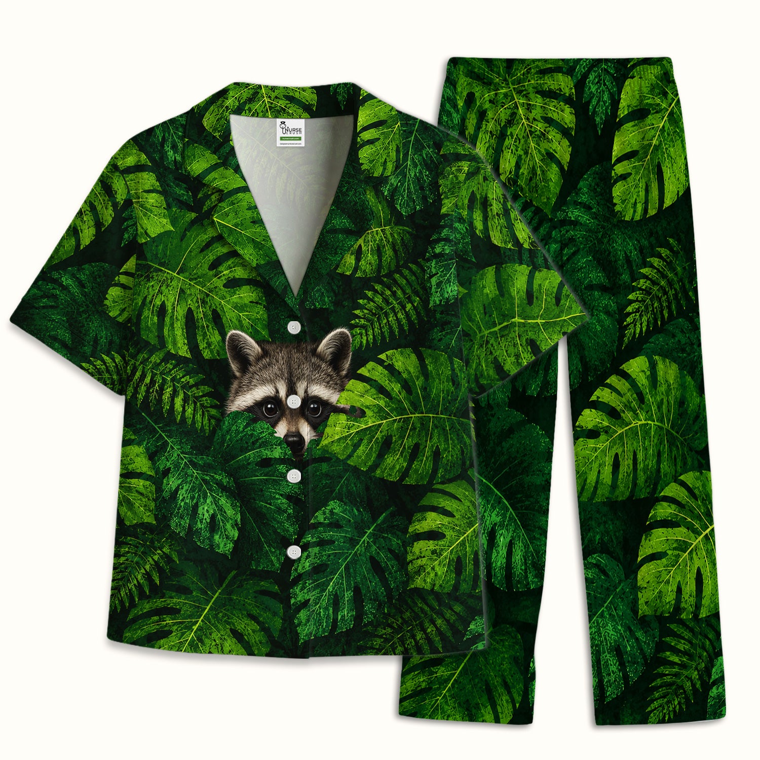 Cute Raccoon Tropical Leaf Pattern Pajama Set, Soft Breathable Fabric Comfortable Sleepwear