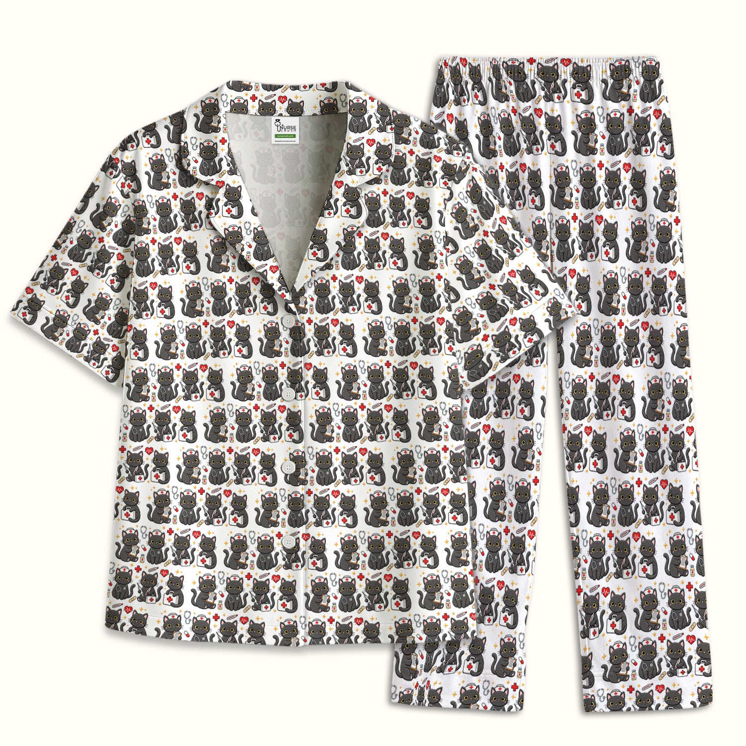 Black Cat Nurse Medical Icons Pajama Set, Soft Breathable Fabric Comfortable Sleepwear