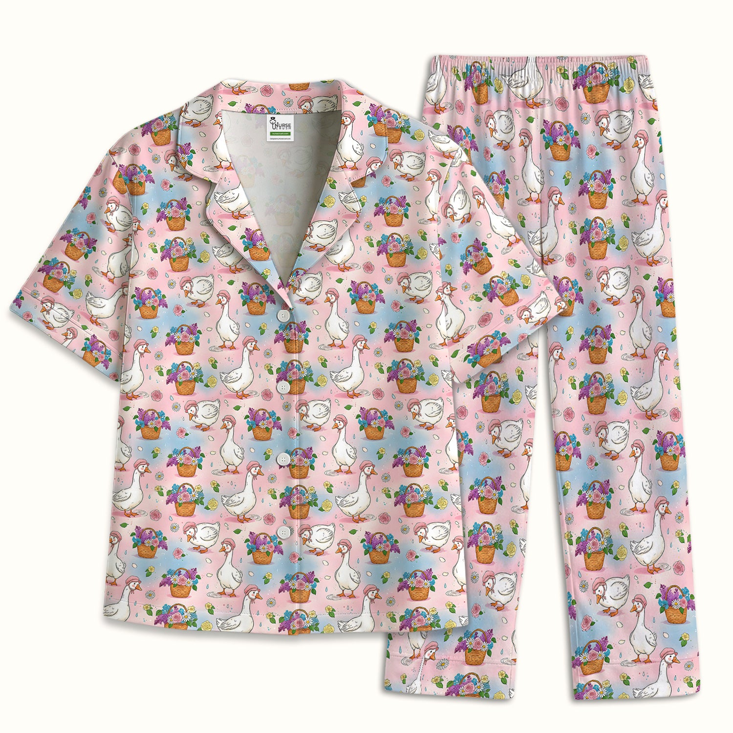Cute Spring Goose Flower Basket Pattern Pajama Set, Soft Breathable Fabric Comfortable Sleepwear