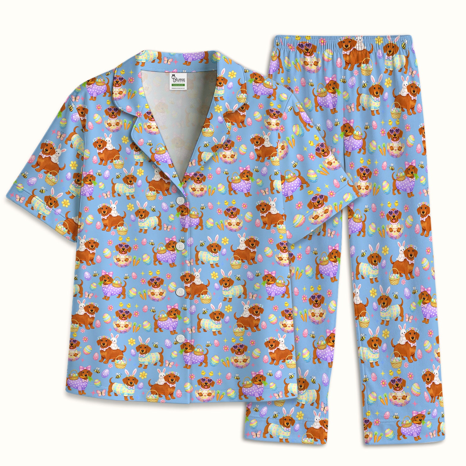 Cute Easter Dachshund Dog Pattern Pajama Set, Breathable Fabrics Uniform