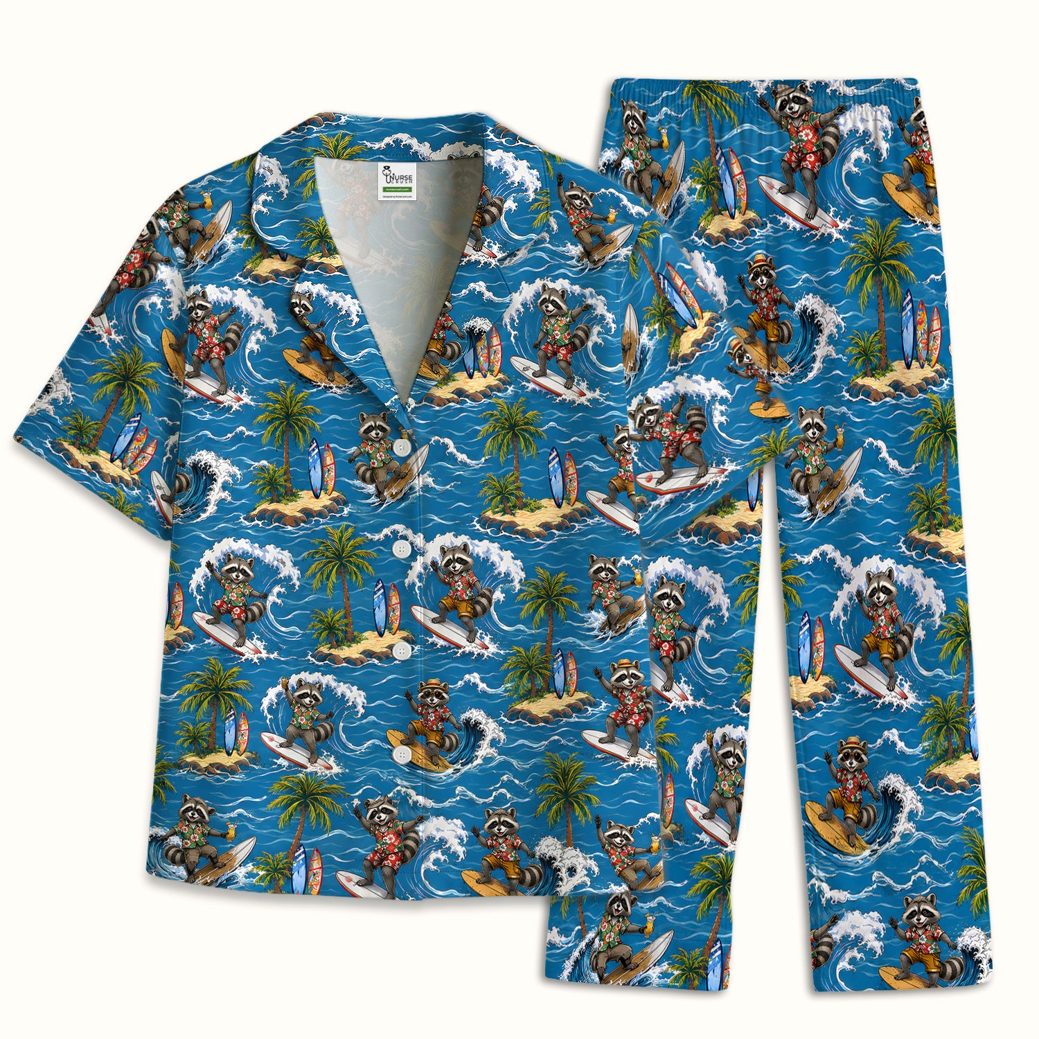 Tropical Surfing Raccoon Island Pattern Pajama Set, Soft Breathable Fabric Comfortable Sleepwear