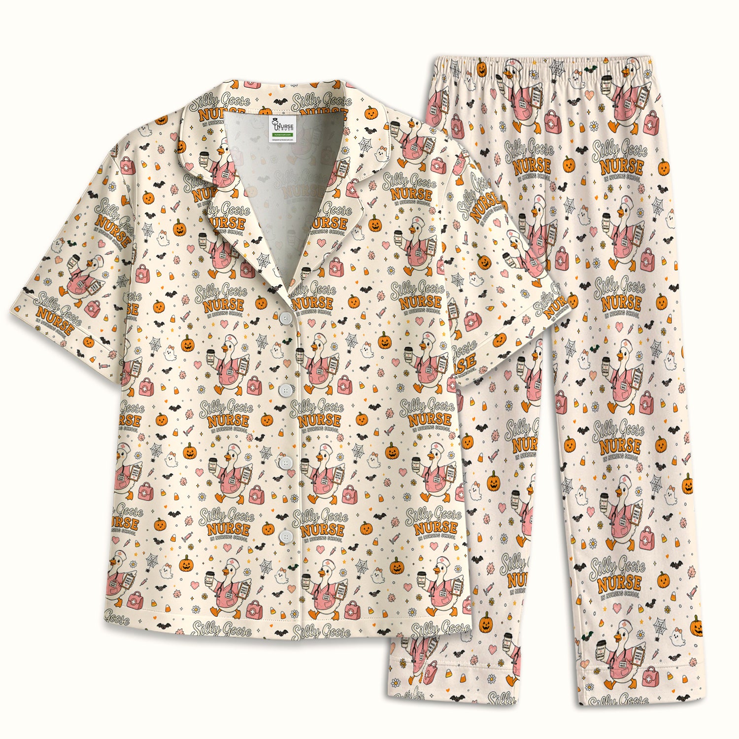 Funny Halloween Silly Goose Pattern Pajama Set, Soft Breathable Fabric Comfortable Sleepwear