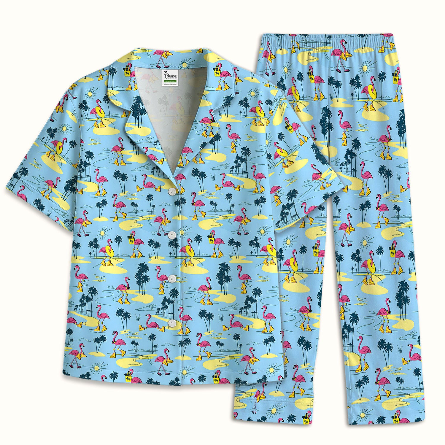 Retro Flamingo Nurse Print Pajama Set, Soft Breathable Fabric Comfortable Sleepwear