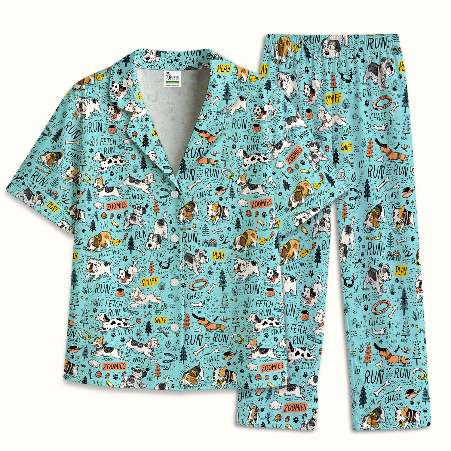 Playful Cartoon Puppy Adventure Pattern Pajama Set, Soft Breathable Fabric Comfortable Sleepwear