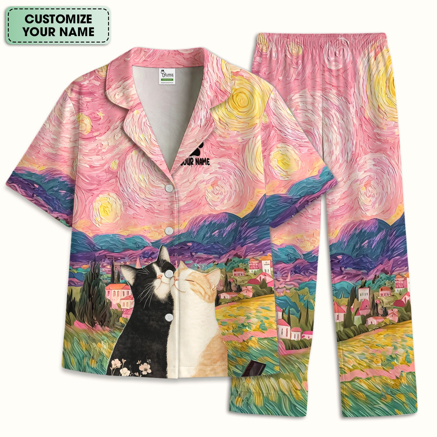 Personalized Cat Couple Sunset Swirl Sky Landscape Pattern Pajama Set, Soft Breathable Fabric Comfortable Sleepwear