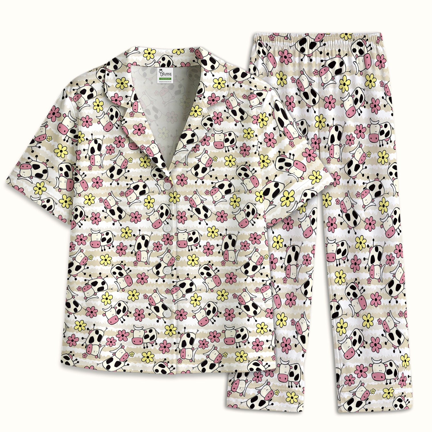 Cute Cartoon Cow Flower Meadow Pattern Nurse Pajama Set, Soft Breathable Fabric Comfortable Sleepwear