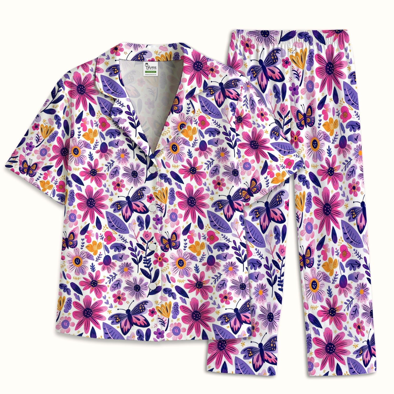 Cute Butterfly Wildflower Garden Pattern Pajama Set, Soft Breathable Fabric Comfortable Sleepwear