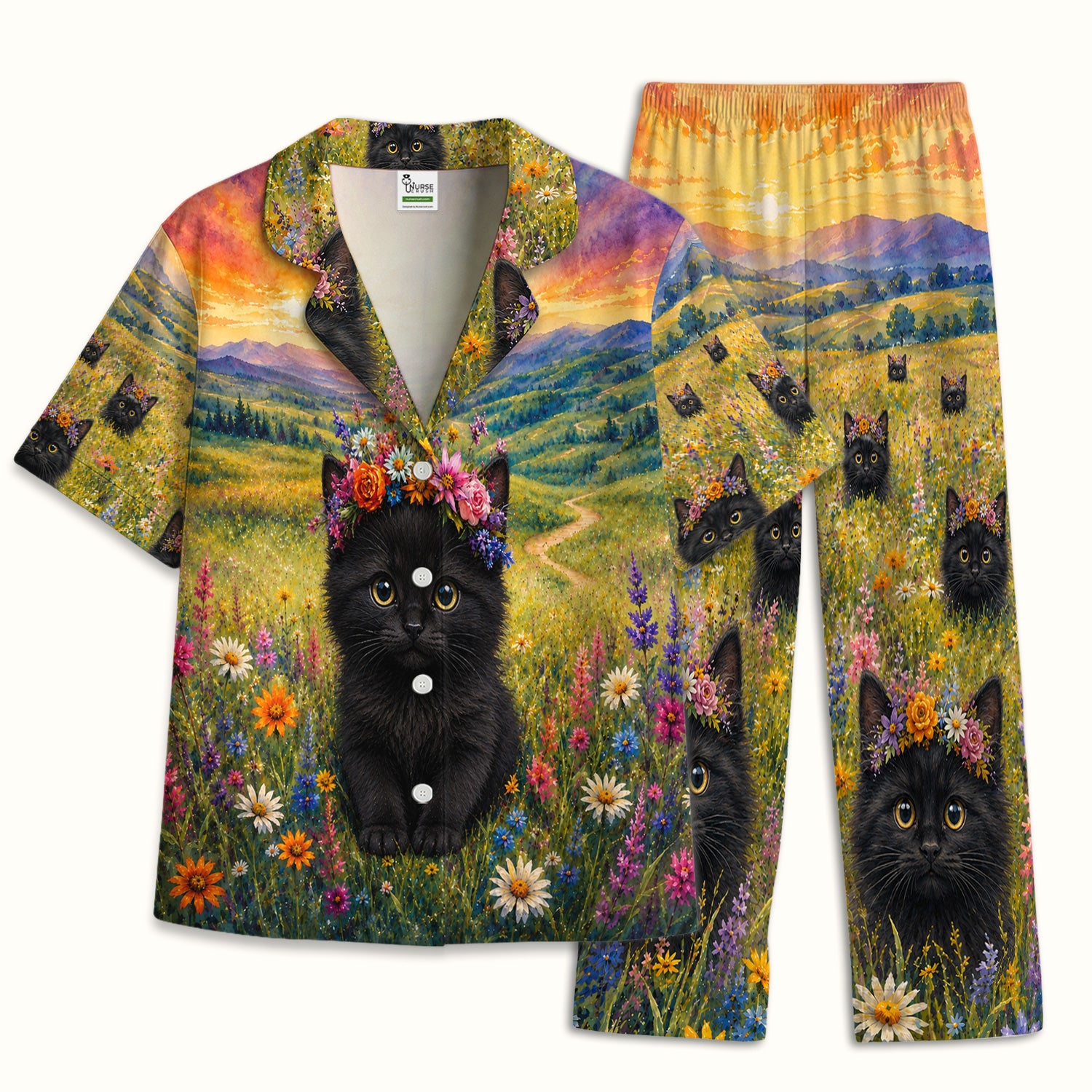 Black Kitten Flower Meadow Pattern Pajama Set, Soft Breathable Fabric Comfortable Sleepwear