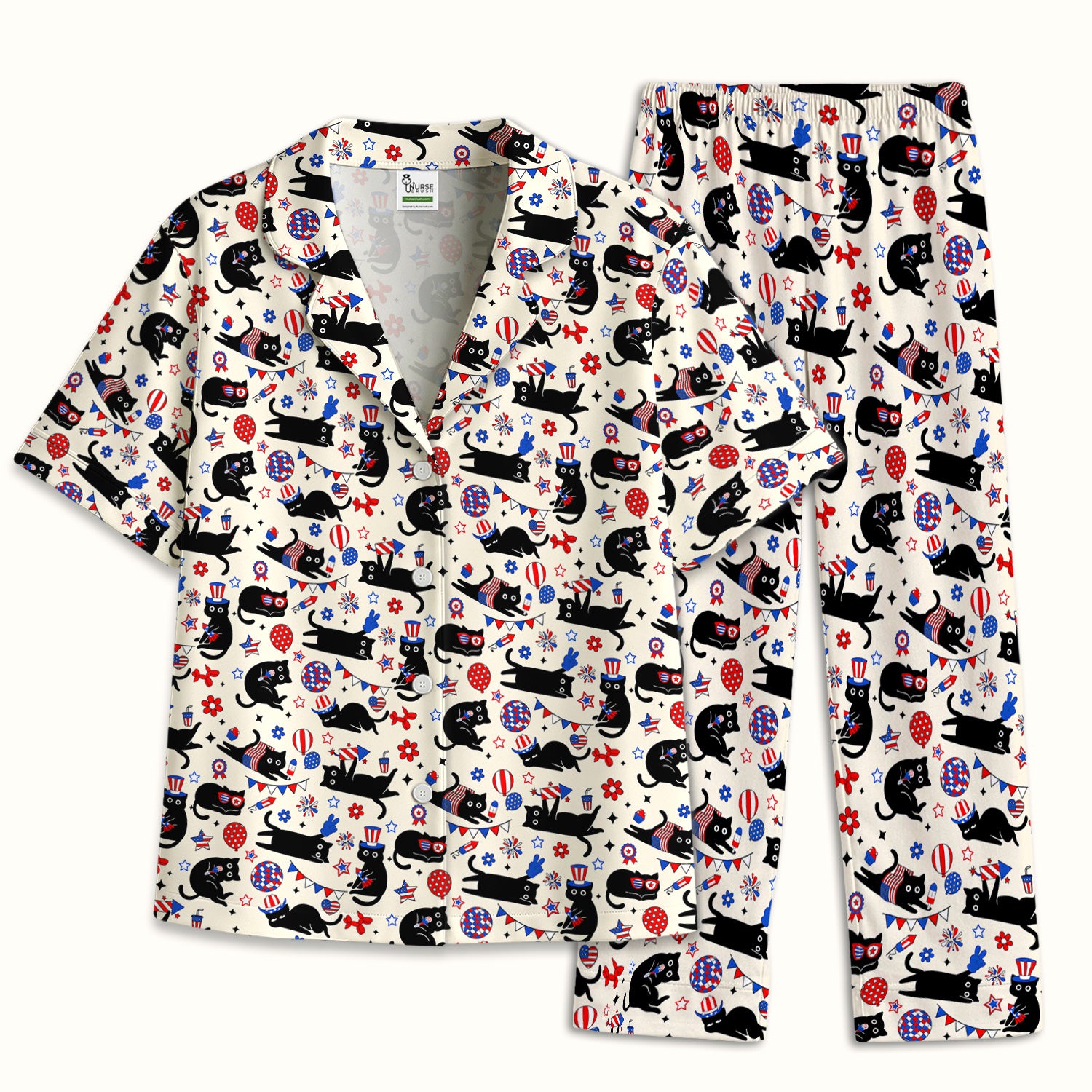 Patriotic Black Cat Pattern Pajama Set, Soft Breathable Fabric Comfortable Sleepwear