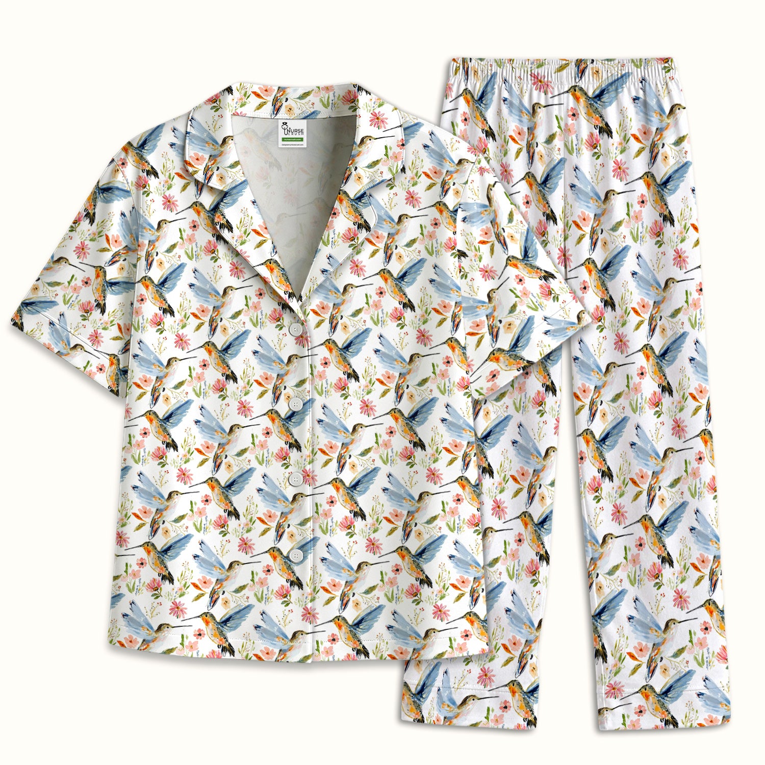 Watercolor Hummingbird Floral Pattern Pajama Set, Soft Breathable Fabric Comfortable Sleepwear