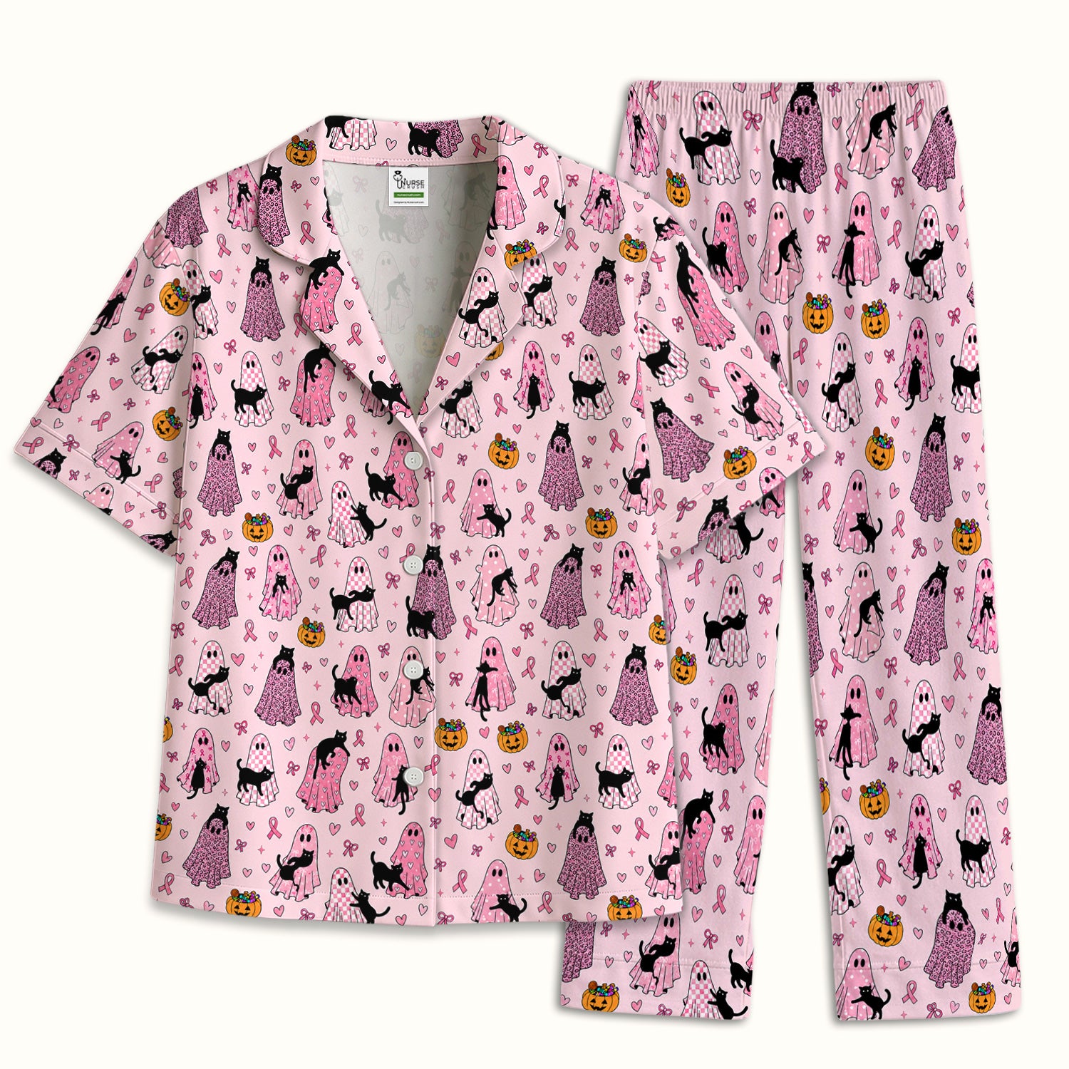 Breast Cancer Awareness Ghost Cat Pajama Set, Soft Breathable Fabric Comfortable Sleepwear