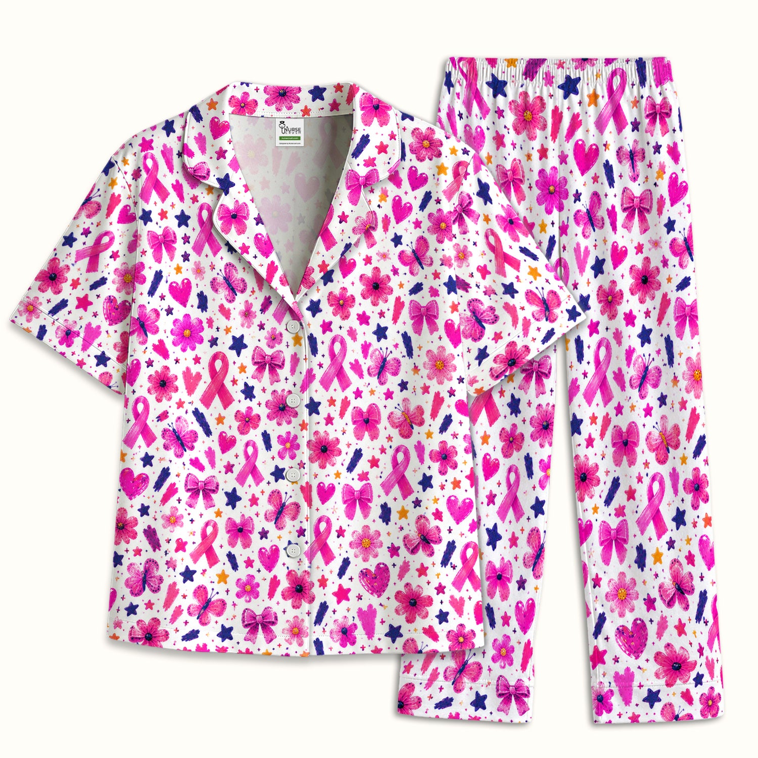 Pink Ribbon Floral Pattern Pajama Set, Soft Breathable Fabric Comfortable Sleepwear