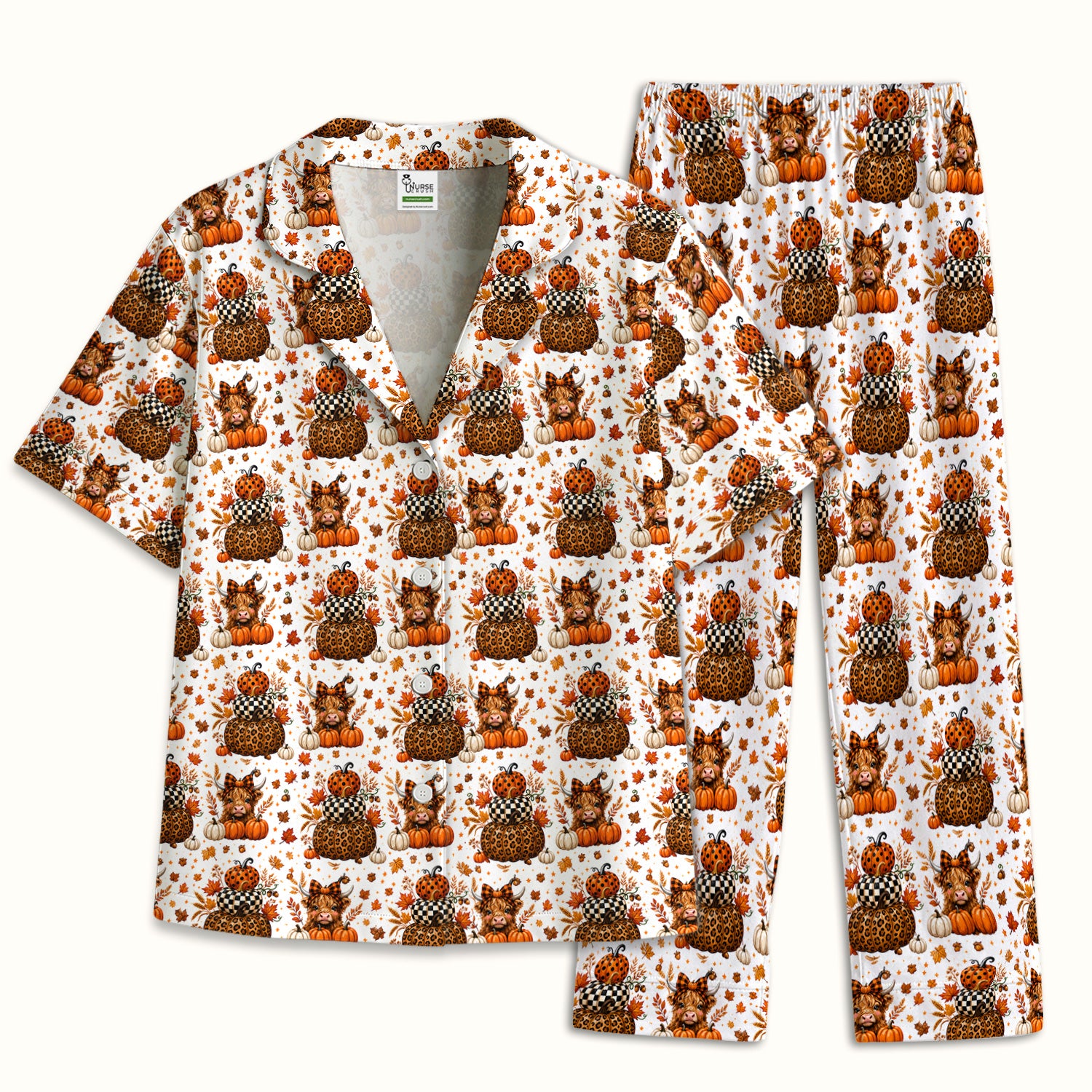 Fall Highland Cow Pattern Pajama Set, Soft Breathable Fabric Comfortable Sleepwear