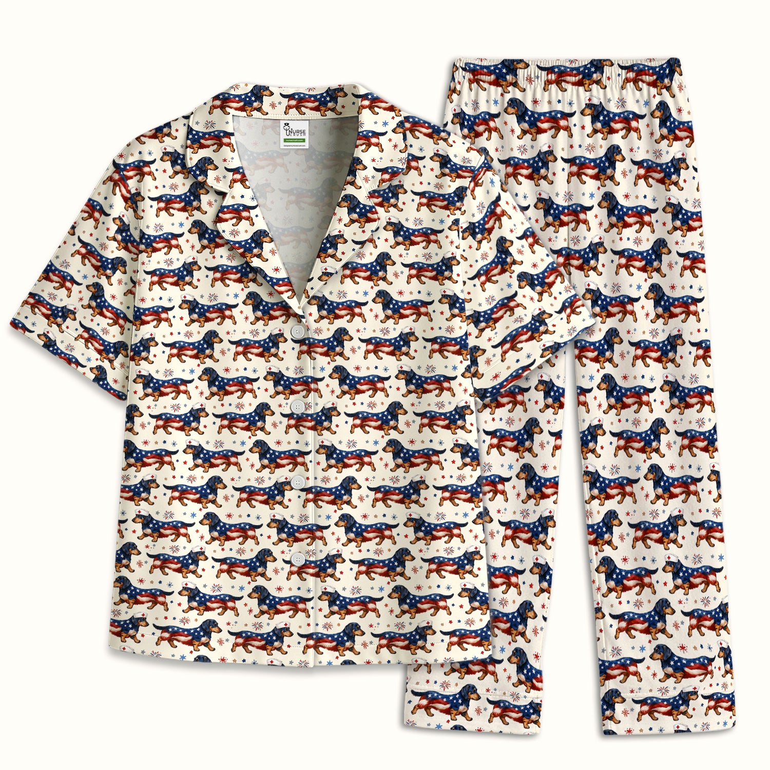 Patriotic Dachshund Dog American Flag Pattern Nurse Pajama Set, Soft Breathable Fabric Comfortable Sleepwear